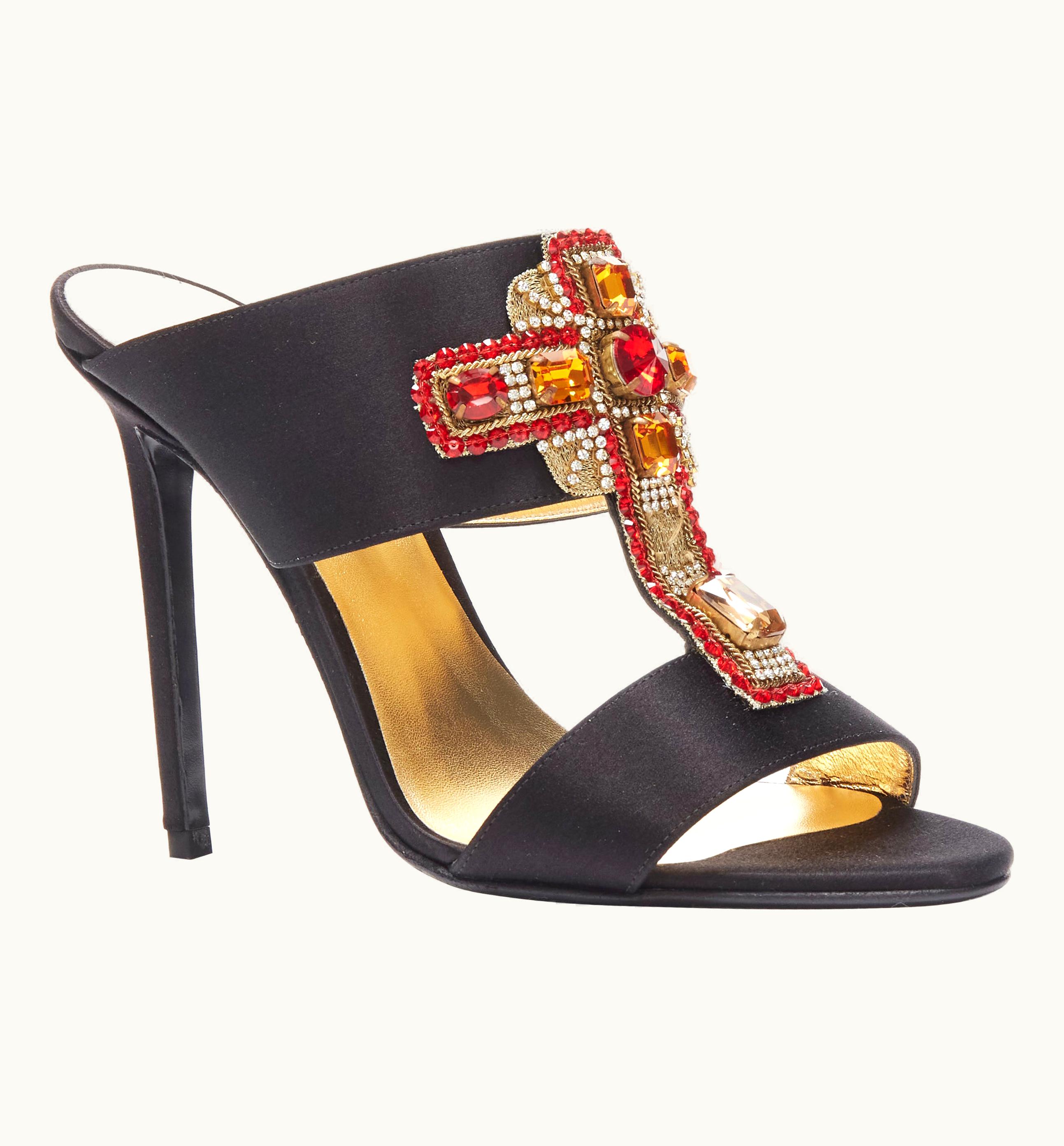 Versace Versace 2018 Tribute Byzantine Cross Jewel Crystal Black Satin Sandals
