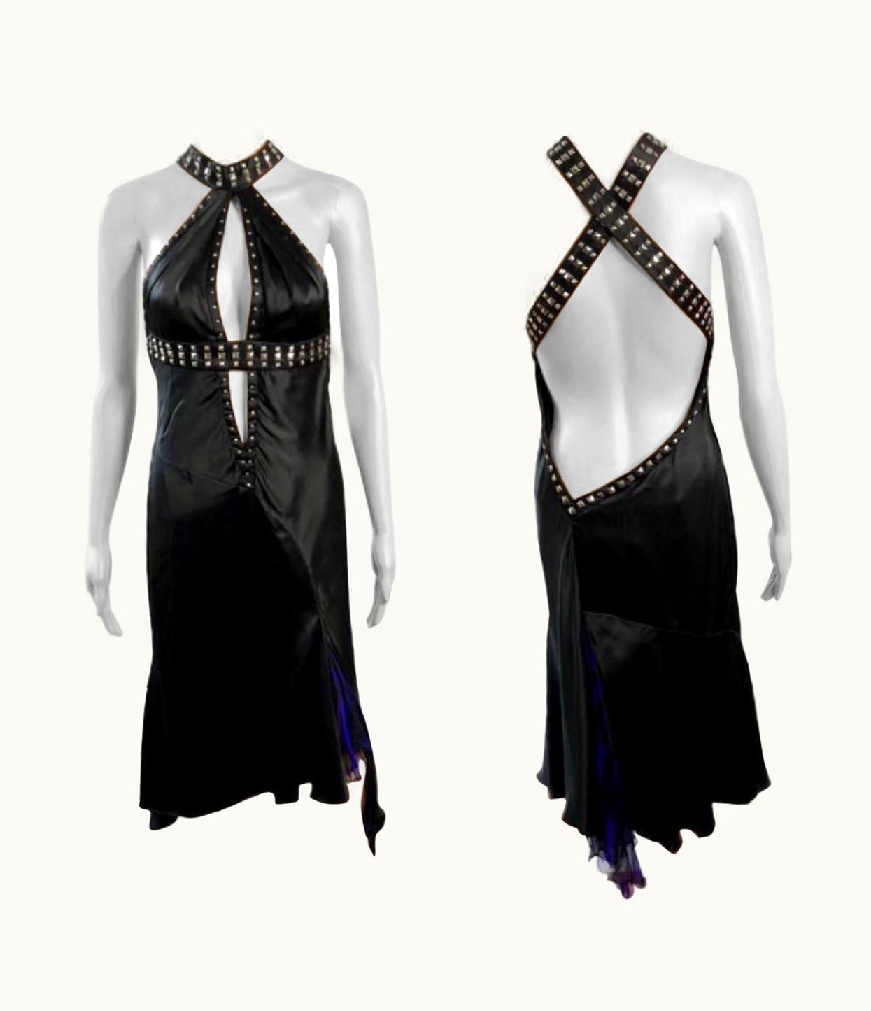 Versace Versace AW 2004 Embellished Studded Plunging Keyhole Neckline Open Back Dress
