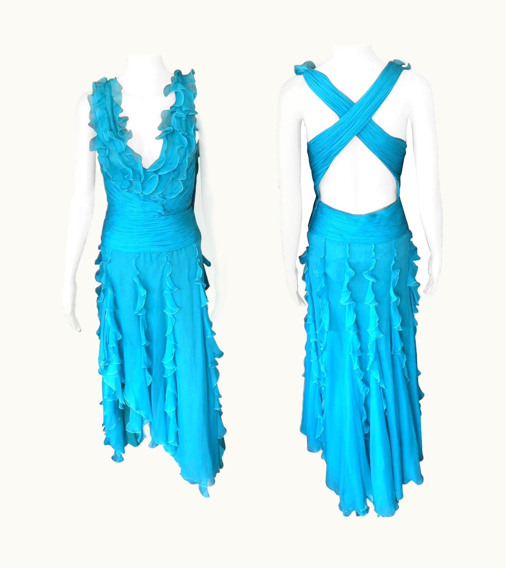 Versace Versace S/S 2004 Halter Open Back Ruffles Turquoise Evening Dress Gown UZ0576933