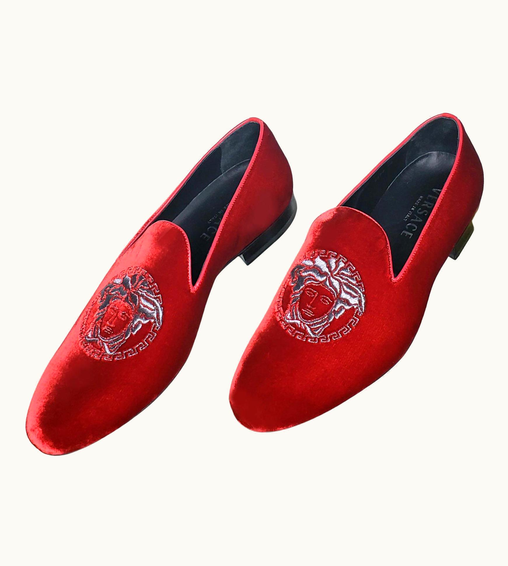Versace Sold Out!!! Versace Red Velvet Loafers With Platinum Medusa Embroidery 9