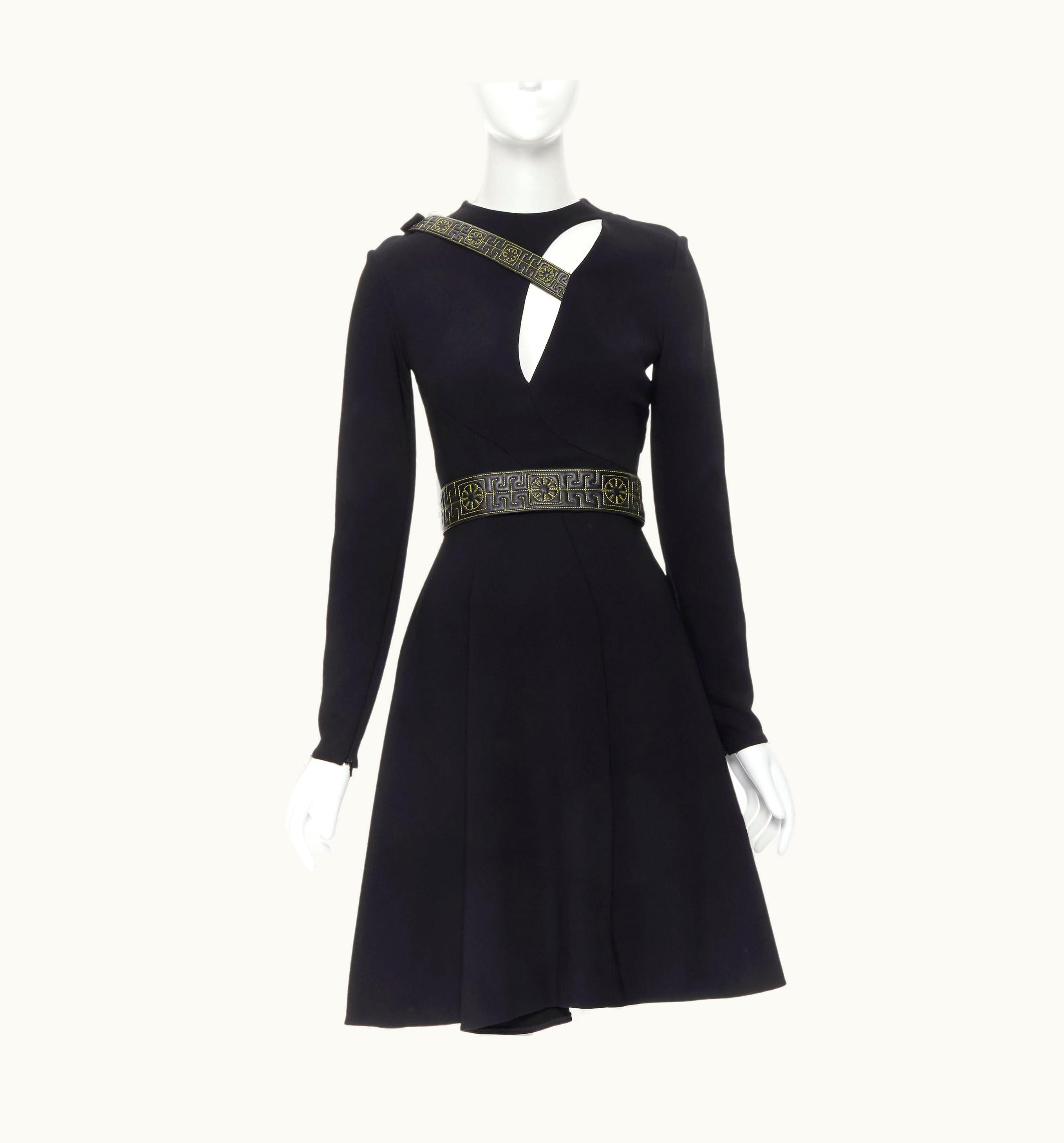 Versace Runway Versace Black Greca Stitch Leather Harness Strap Fit Flare Dress