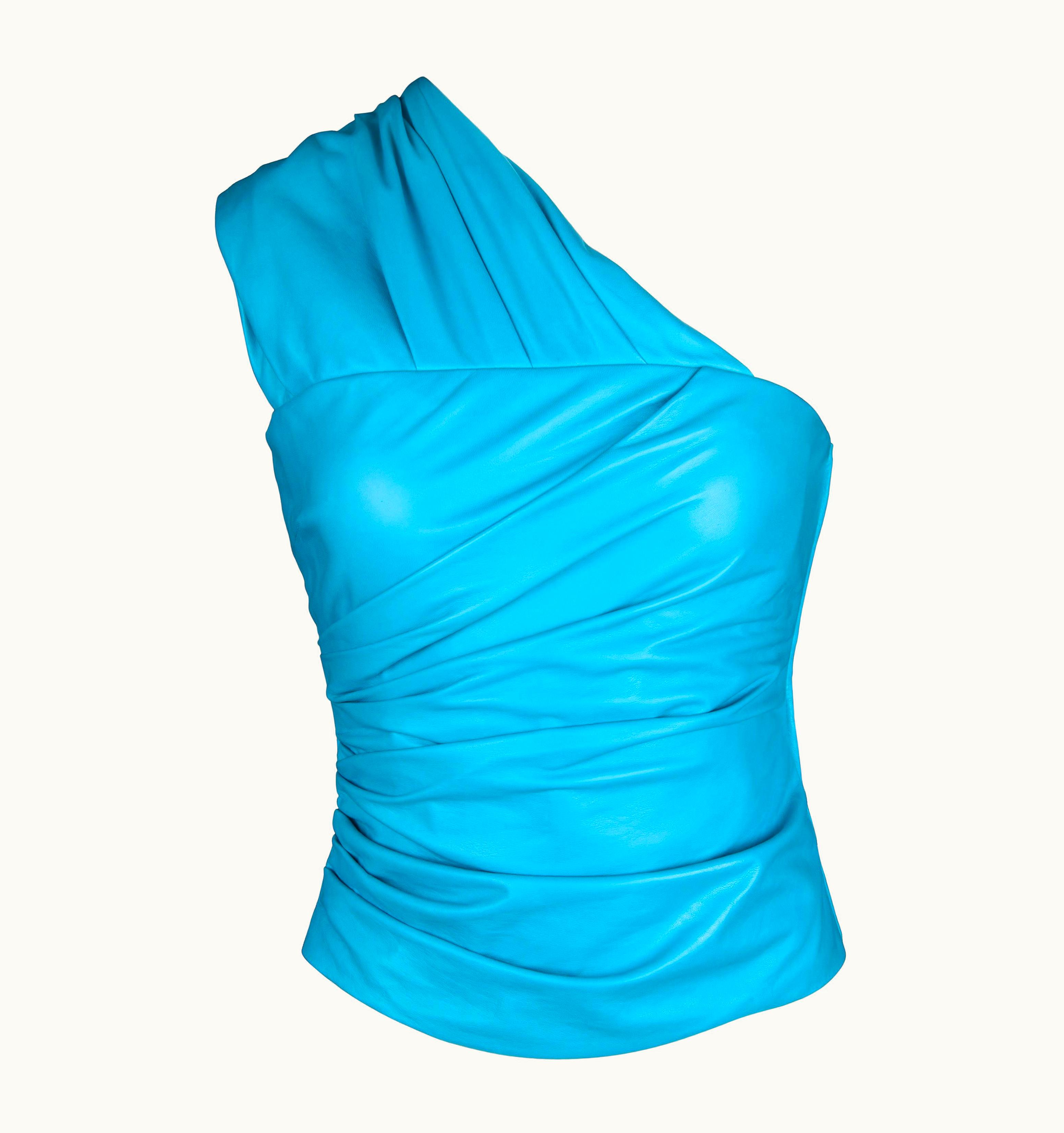 Versace Versace Turquoise Leather One Shoulder Ruched Bustier Blue Top