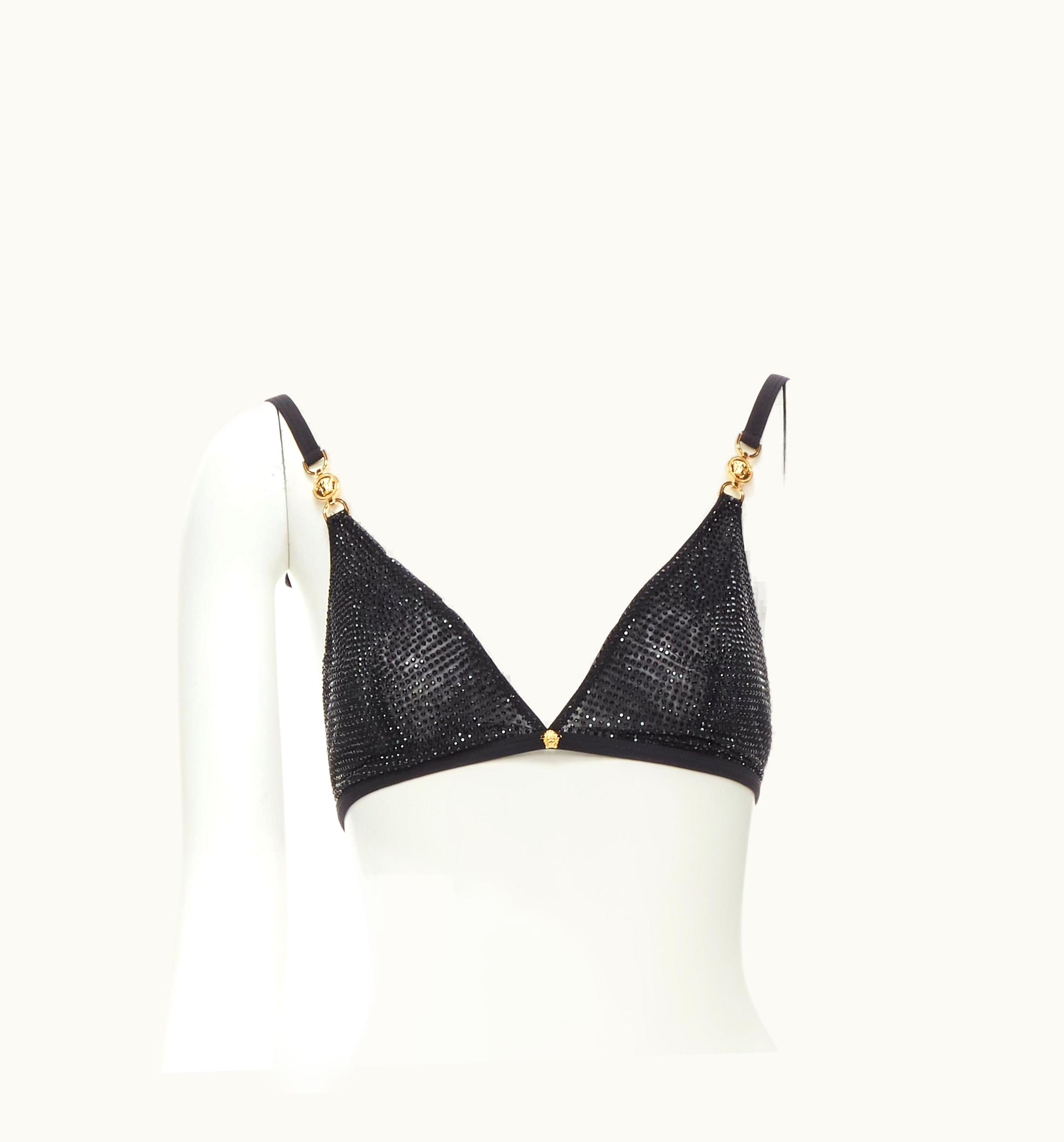 Versace Versace 2020 Runway Black Crystal Rhinestone Encrusted Gold Medusa Bra