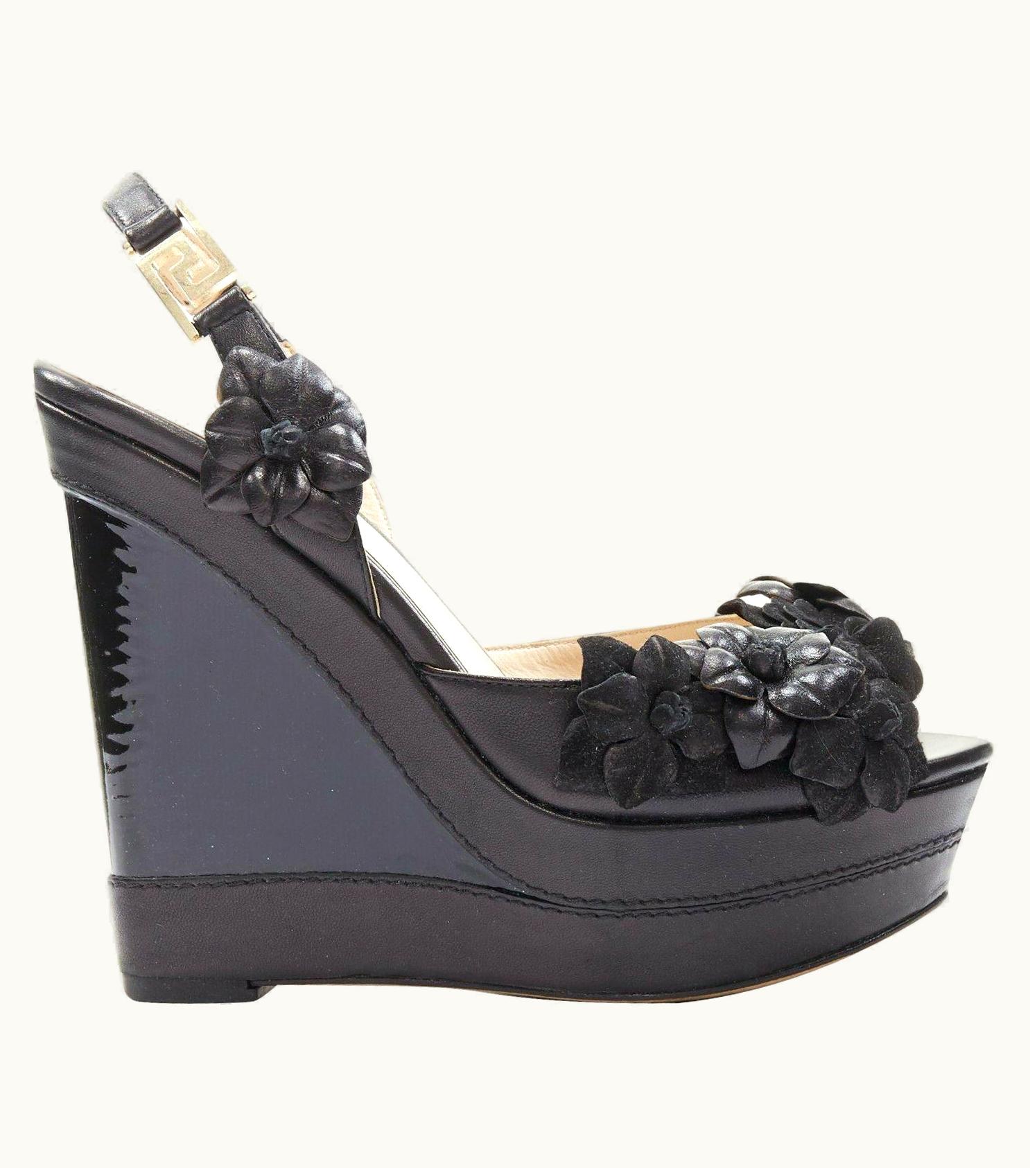 Versace Versace Vanitas Black Patent Leather Suede Floral Appliqué Gold Greek Motif