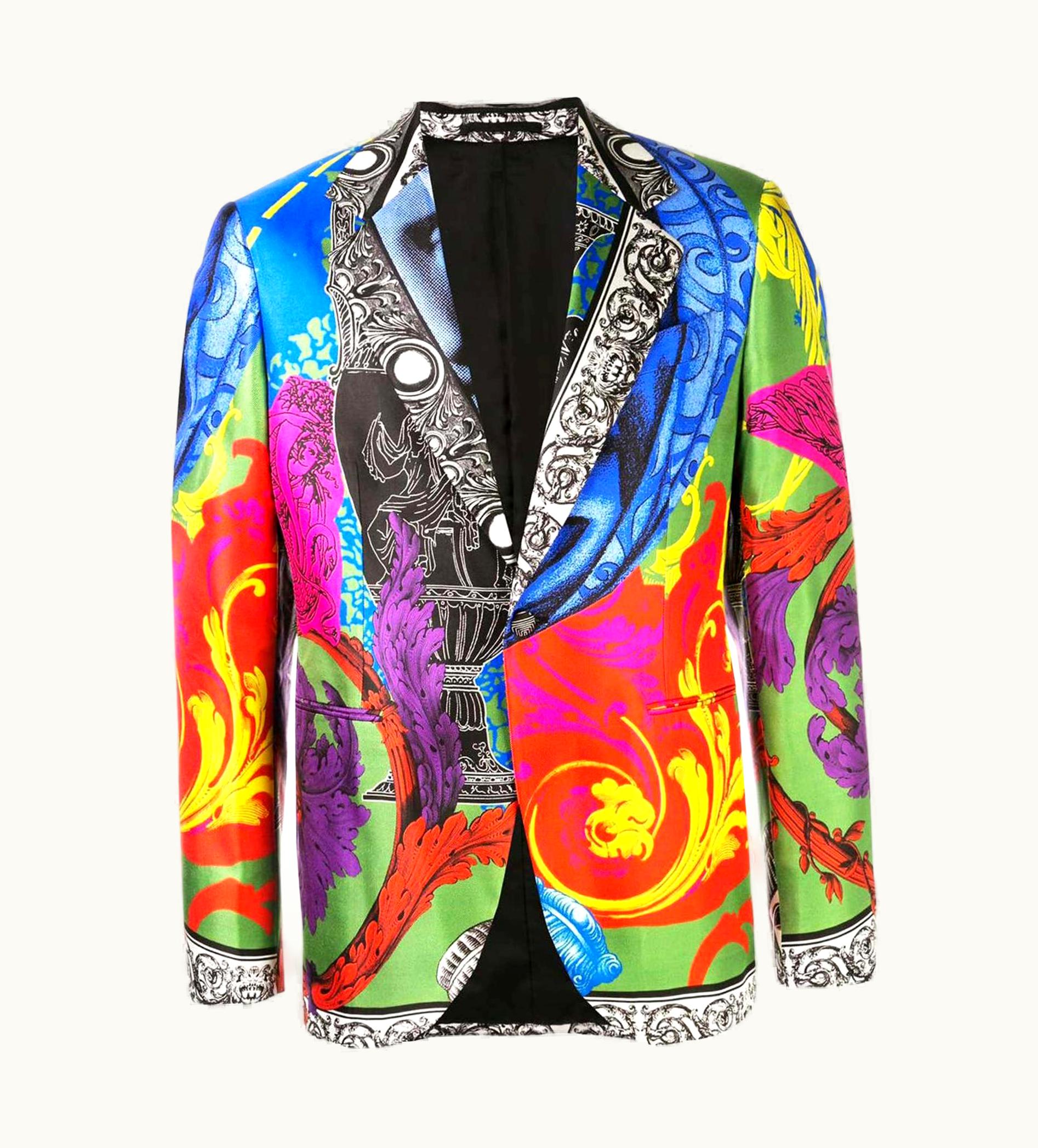 Versace Versace Mens Magna Grecia Multicolor Print Silk Dinner Jacket S/S Blazer Size