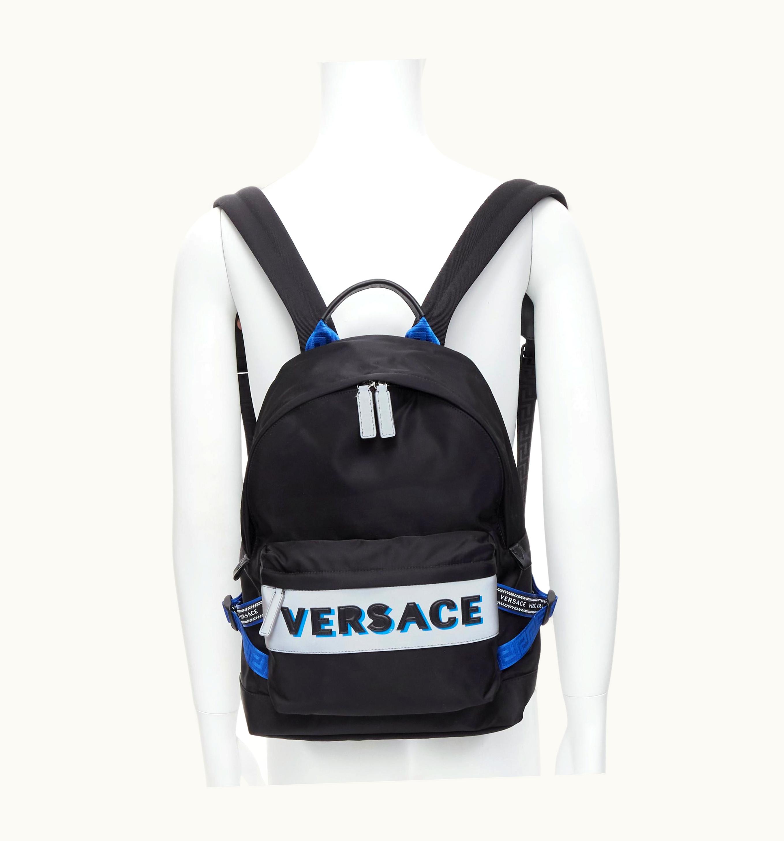 Versace Versace Reflective Logo Black Nylon Blue Greca Nylon Strap Backpack UZ0576973