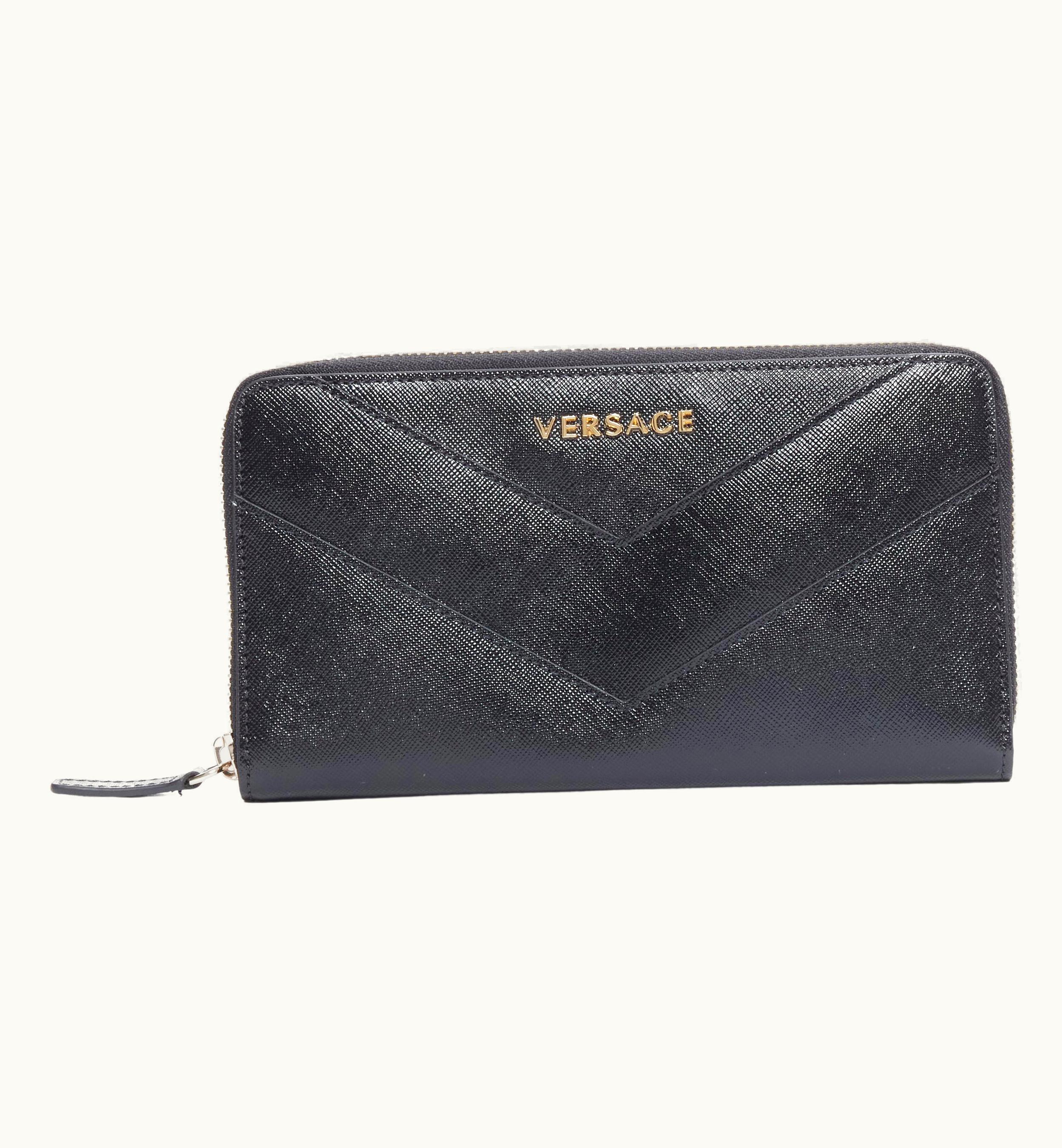 Versace Versace Black Saffiano Leather Gold Logo V Stitch Continental Long Wallet