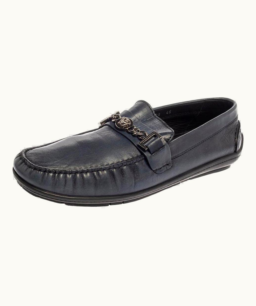 Versace Versace Blue Leather Medusa Icon Chain Detail Loafers
