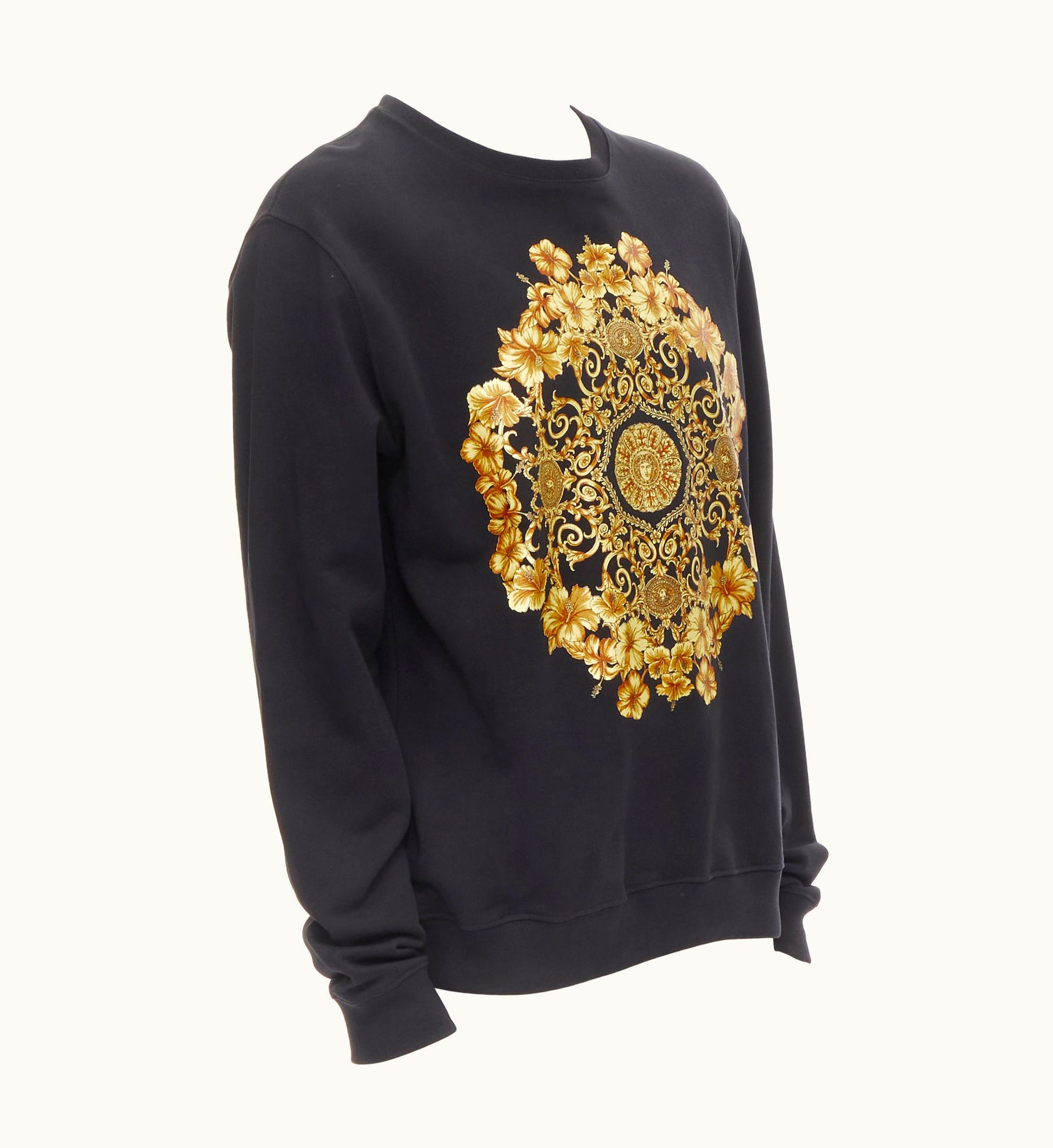 Versace Versace Black Gold Barocco Hibiscus Medusa Cotton Crew Sweater UZ0576991