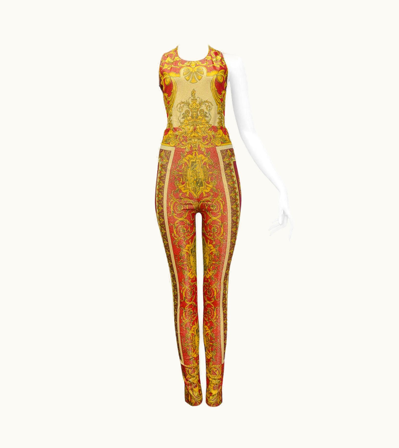 Versace Versace 1992 Red & Gold Metallic Spandex Baroque Ensemble