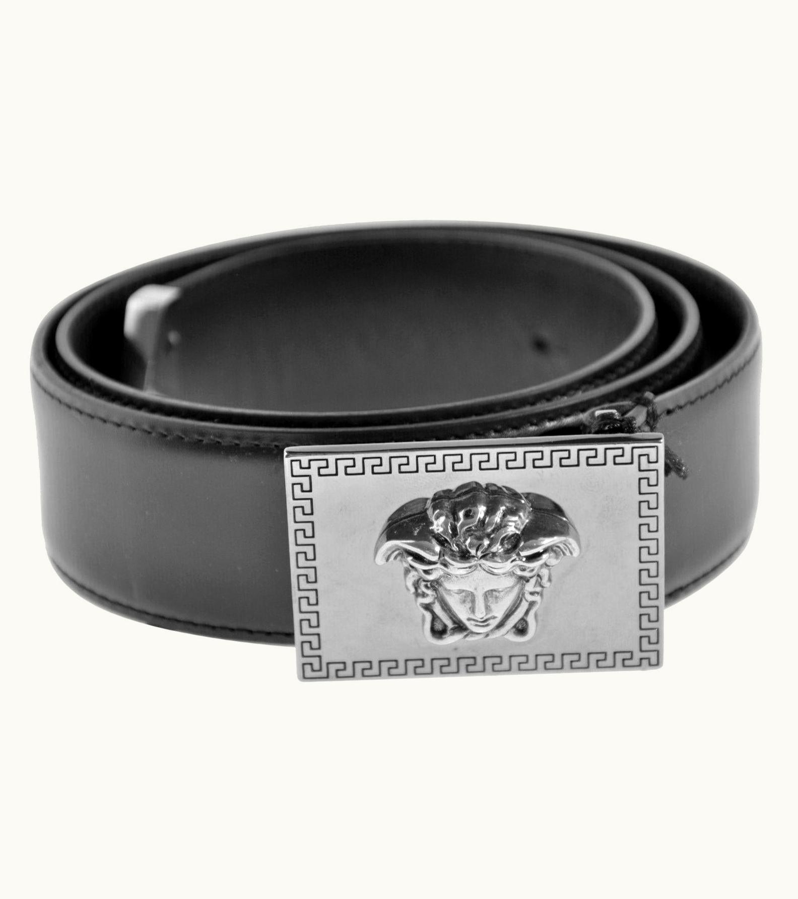 Versace Versace Black Leather Silver Plated Buckle Greek Medusa Belt 90/36