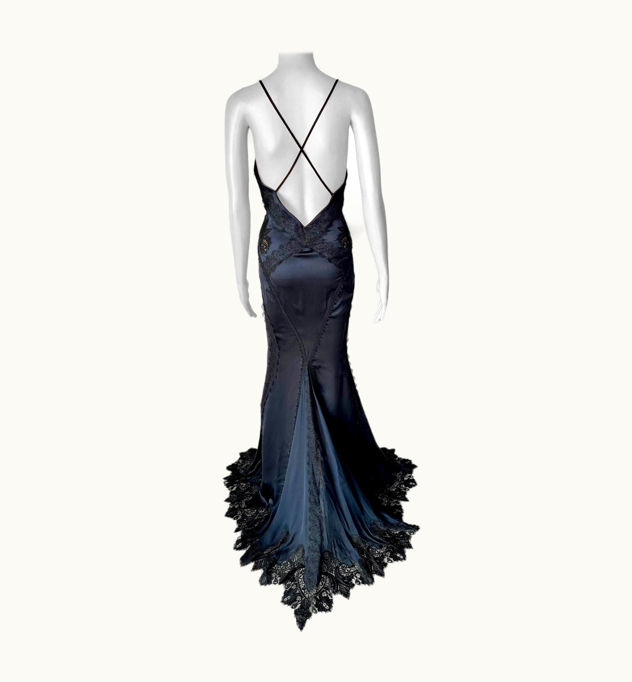 Versace Versace C.2006 Plunging Neckline Sheer Lace Panels Backless Evening Dress Gown