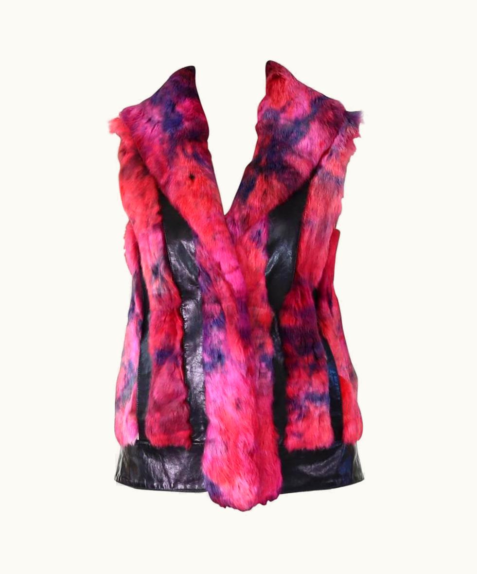 Versace Versus Versace Pink Fur Sleeveless Jacket With Black Leather