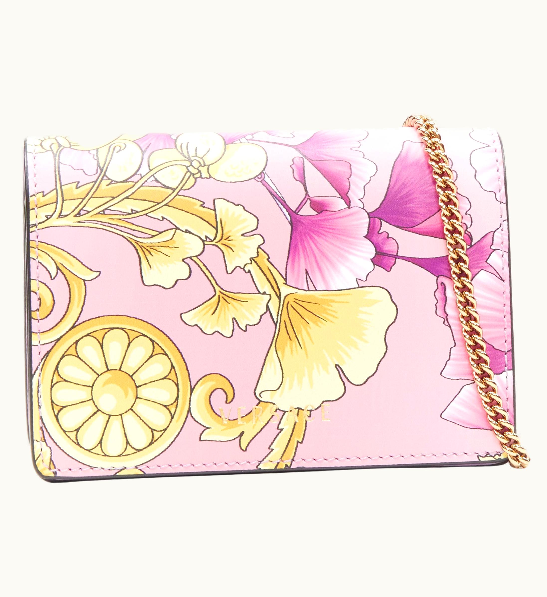 Versace Versace Gingko Barocco Pink Gold Floral Leather Wallet Crossbody Micro Bag