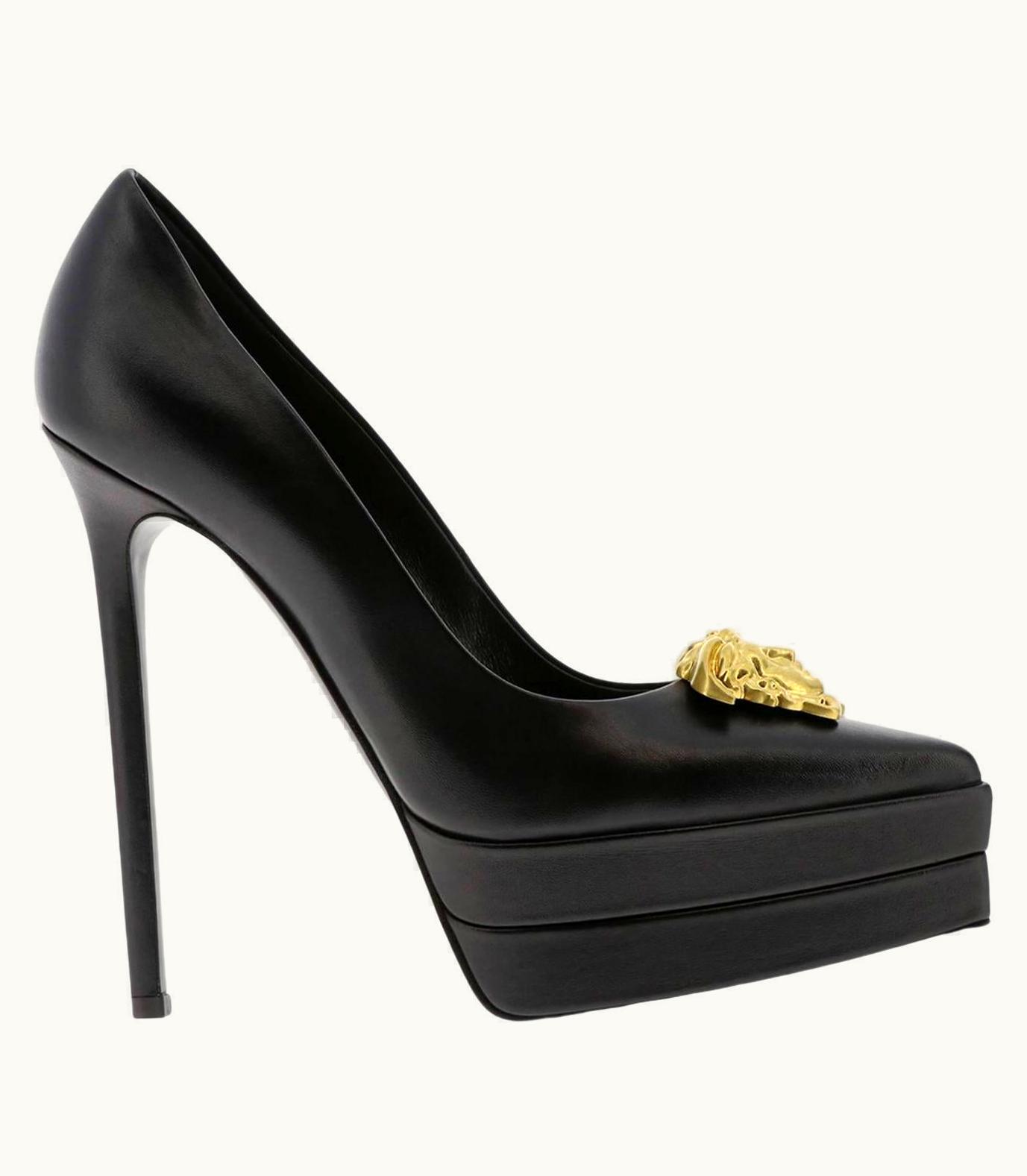 Versace Versace Black Leather Gold Tone Medusa Palazzo Platform Stiletto Pump