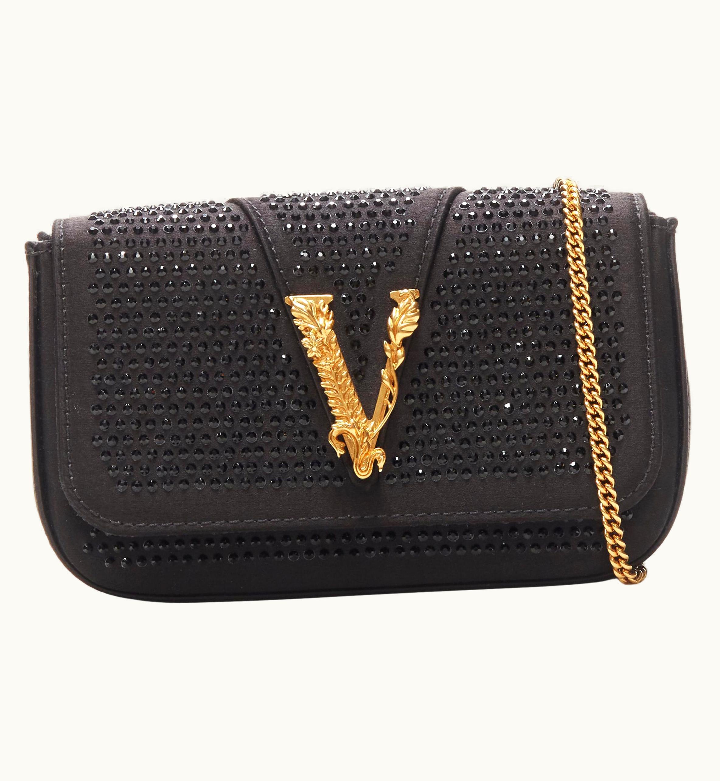 Versace Versace Virtus Barocco Black Strass Crystal Satin Flap Crossbody Clutch Bag