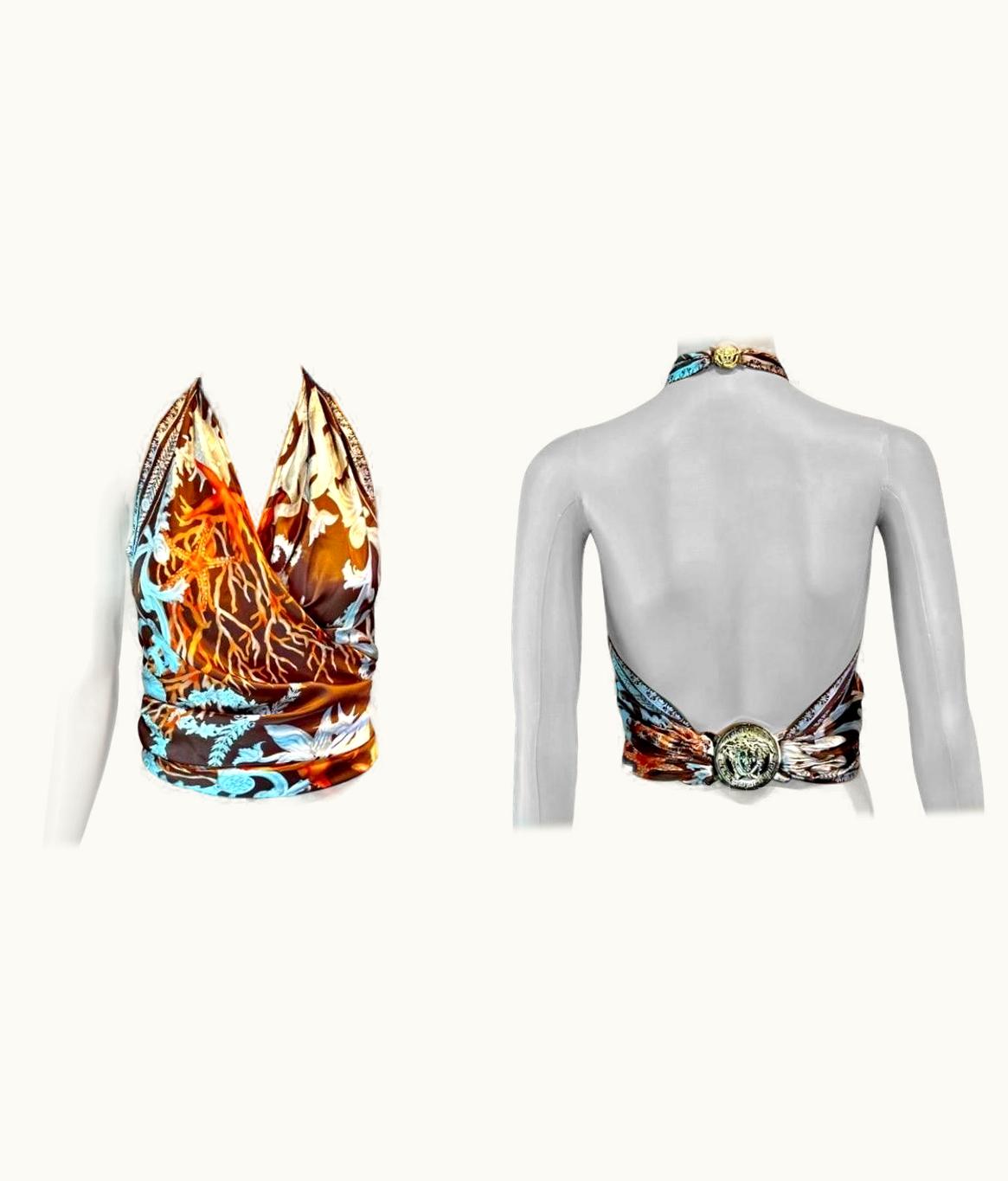 Versace Versace S/S 2005 Seashell Print Halter Backless Medusa Embellished Crop Top