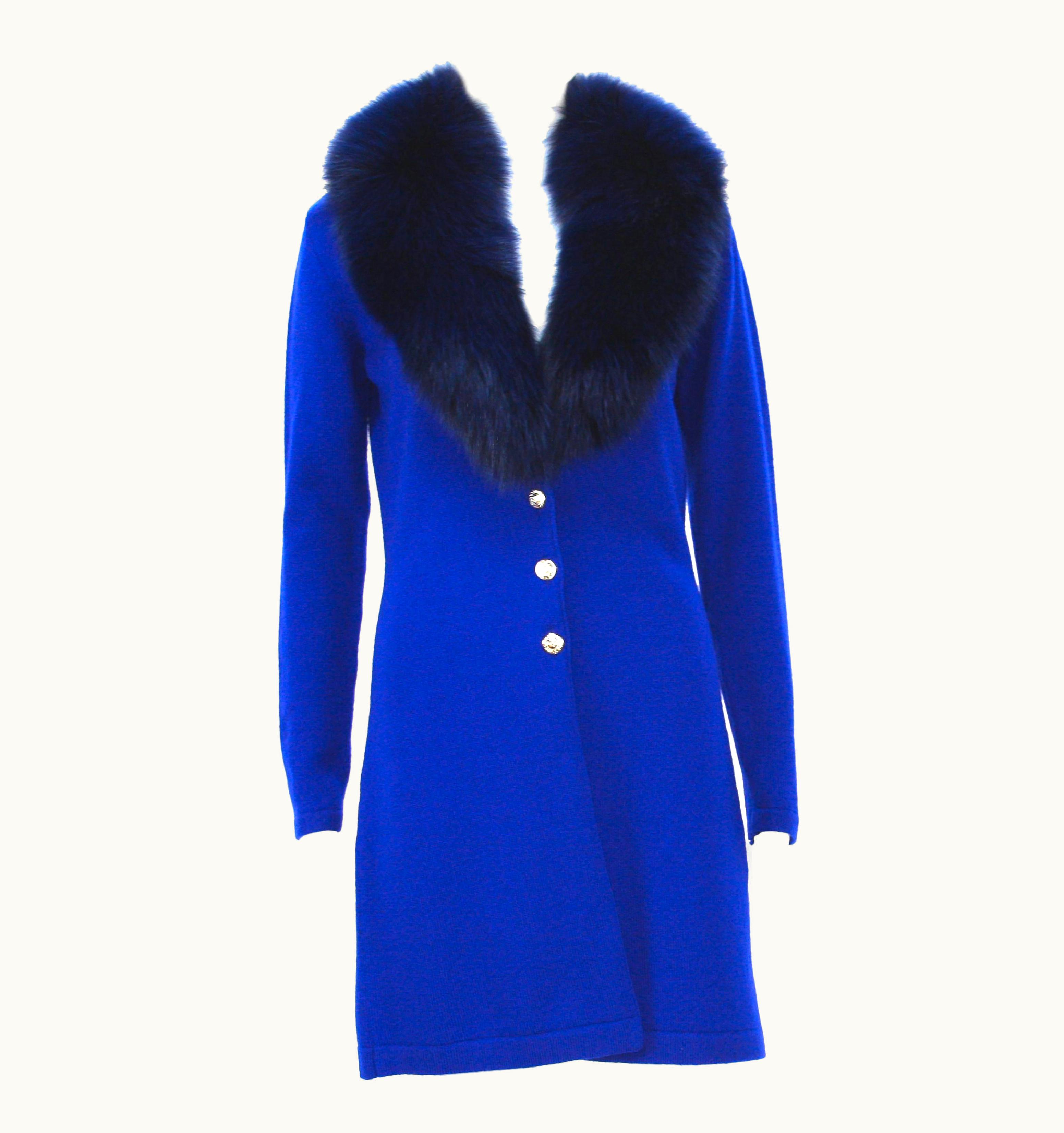 Versace Versace Purple Blue Wool Cardigan With Detachable Fox Collar
