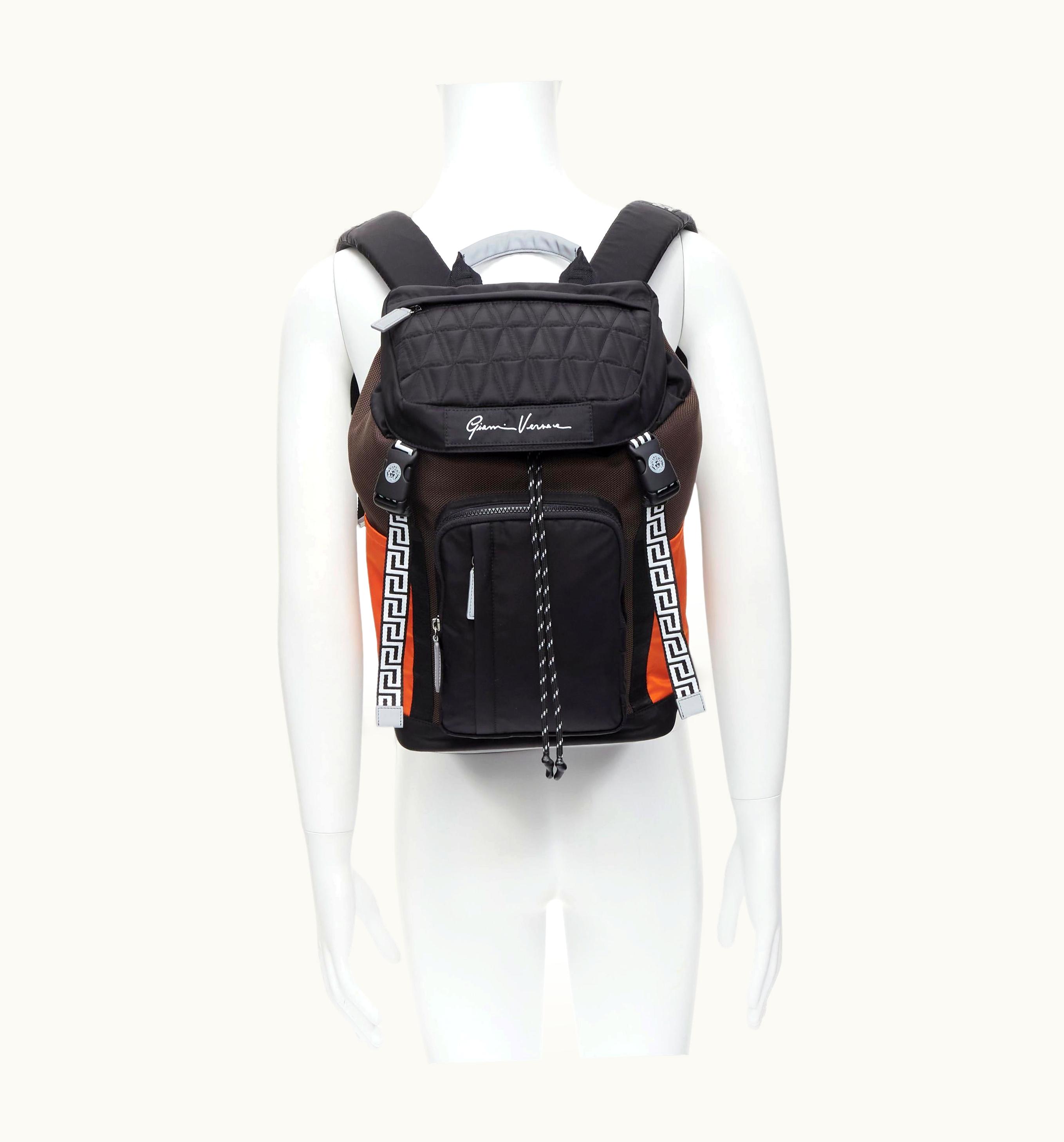 Versace Versace V Code Gianni Signature Black Orange Nylon Greca Backpack