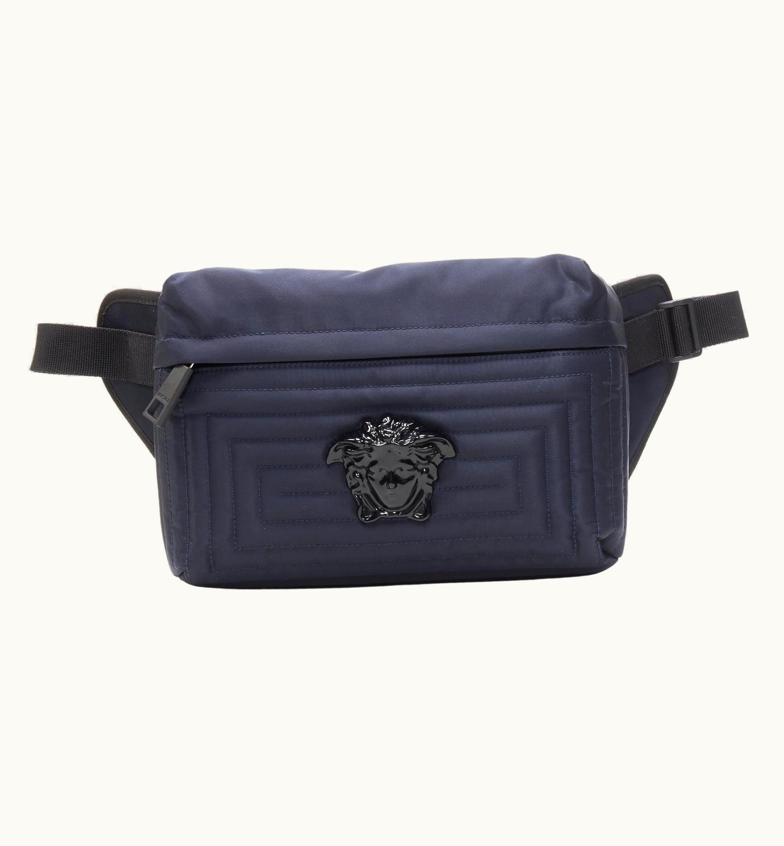 Versace Versace Palazzo Medusa Navy Nylon Greca Stitch Pocket Crossbody Belt Bag