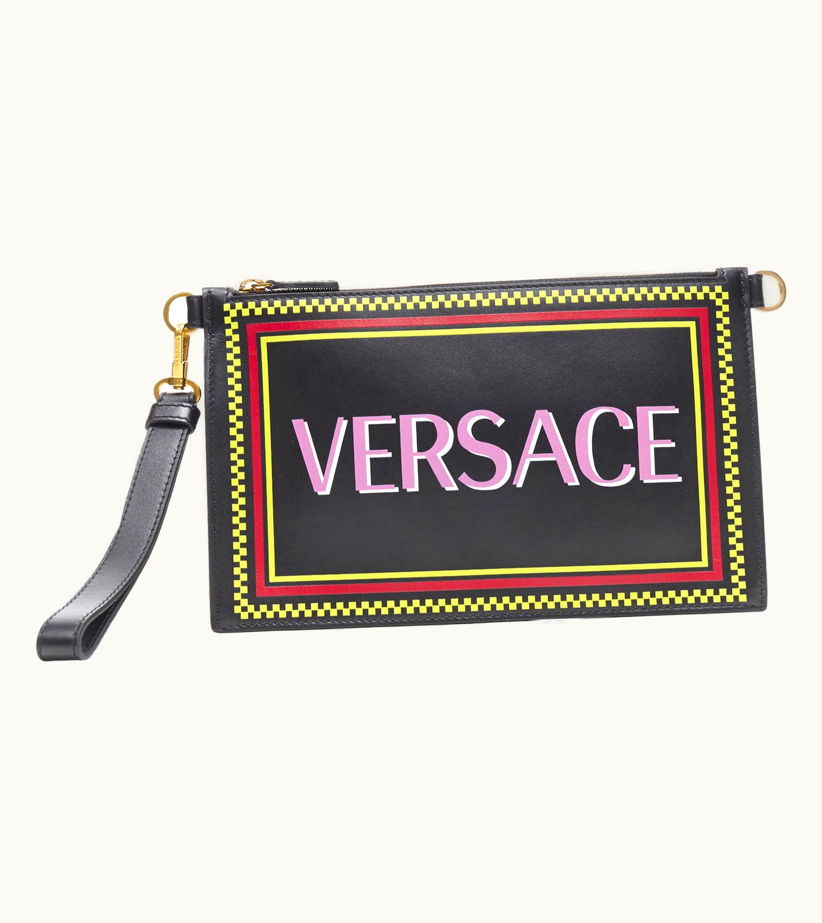 Versace Versace Vintage Pink Logo Black Calf Zip Pouch Crossbody Clutch Bag