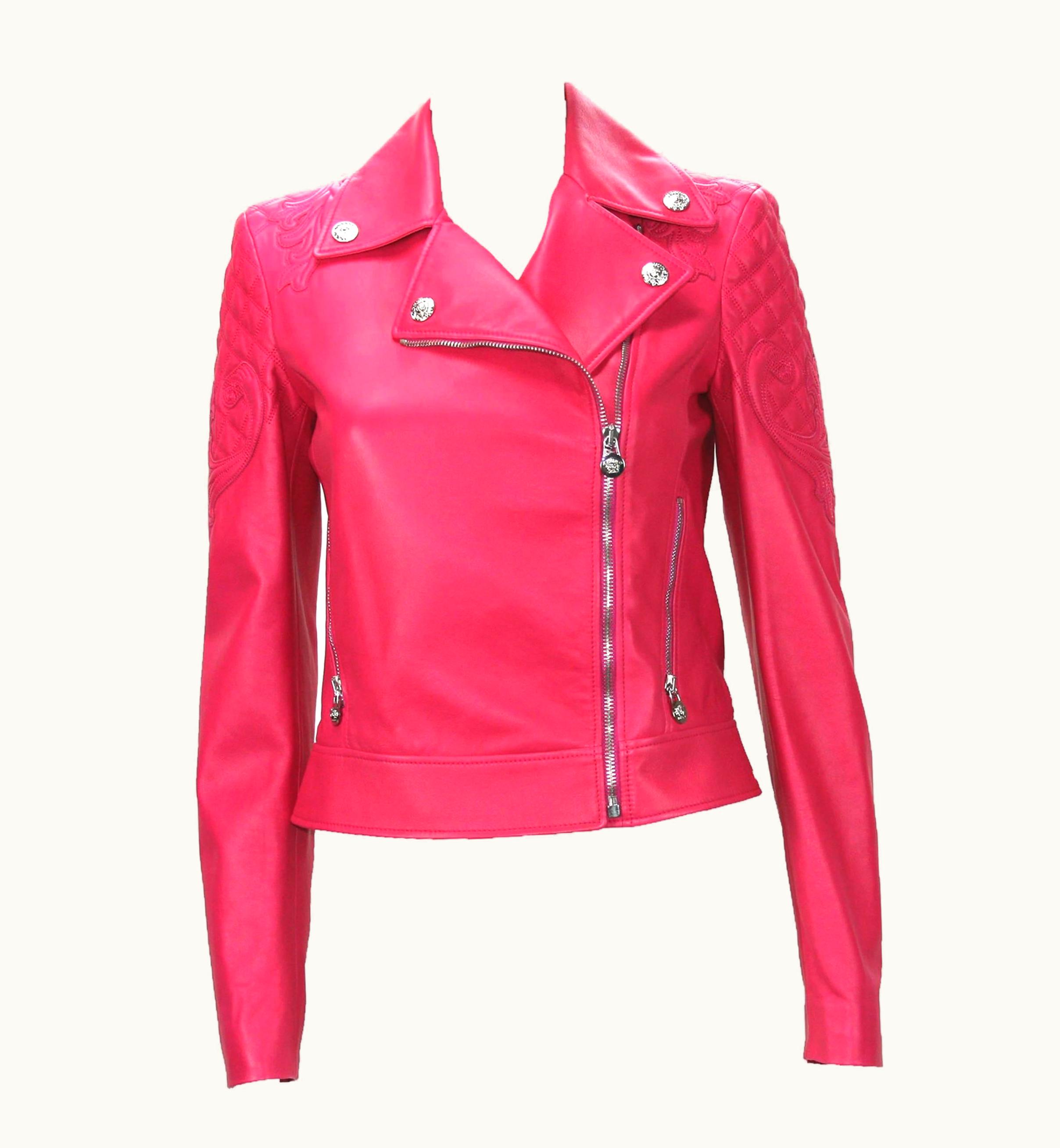 Versace $6, 495 Versace Hot Pink Quilted Leather Medusa Moto Jacket It UZ0577041