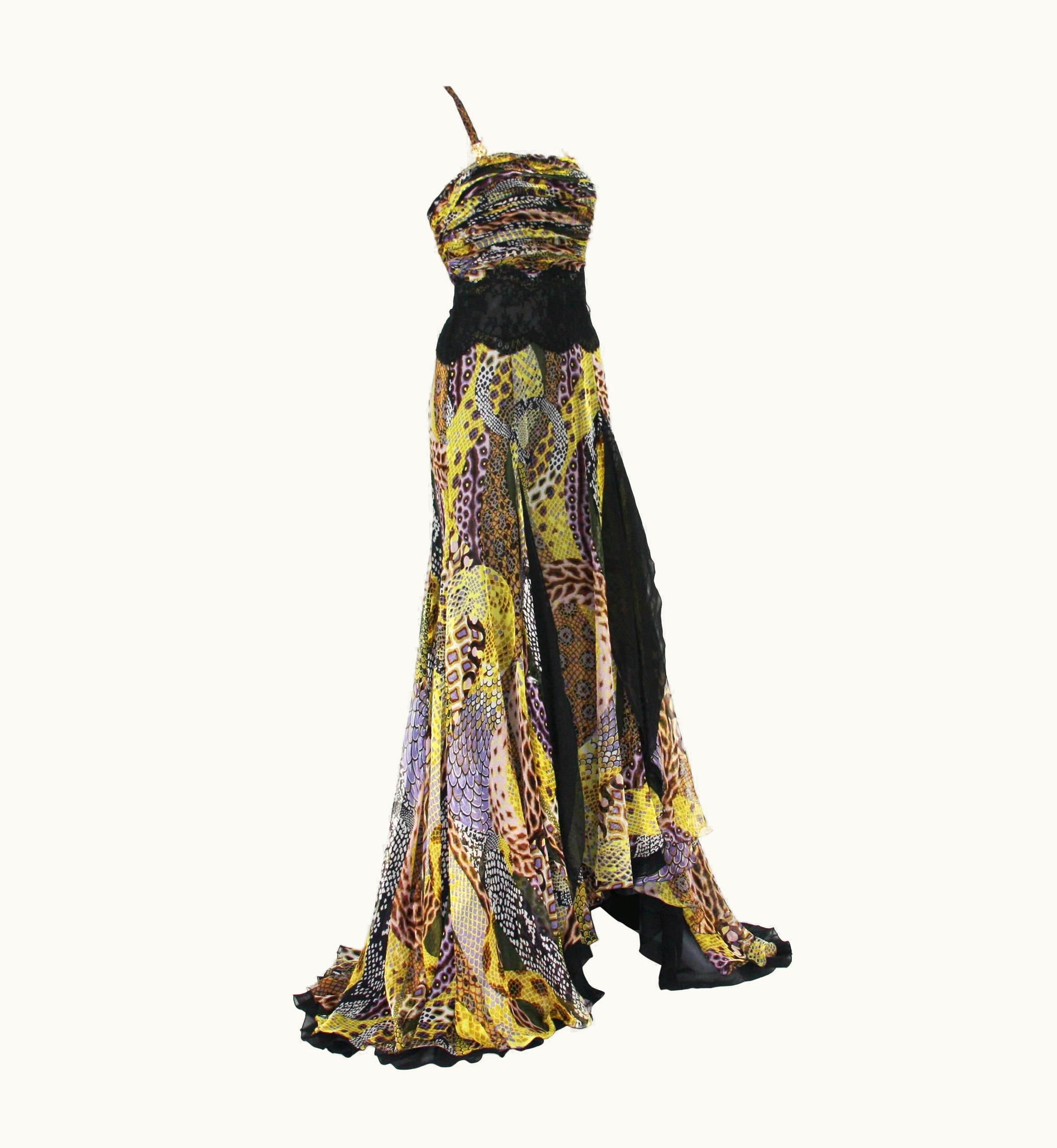 Versace Versace 90' Silk Snake Print Sheer Lace Medusa Embellished Dress Gown