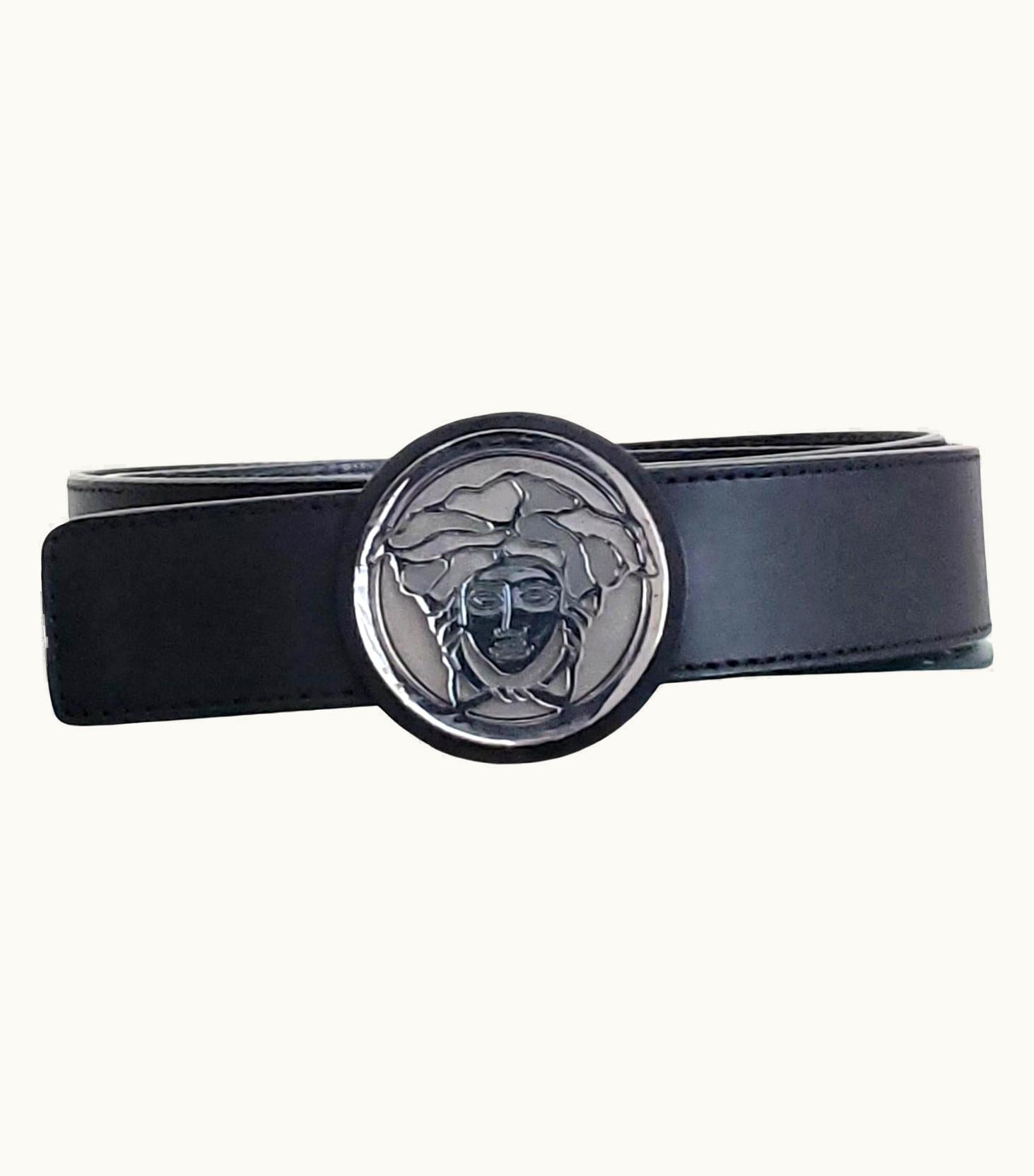 Versace Versace Black Leather Belt With Titanium Color Medusa Round Buckle 110/44