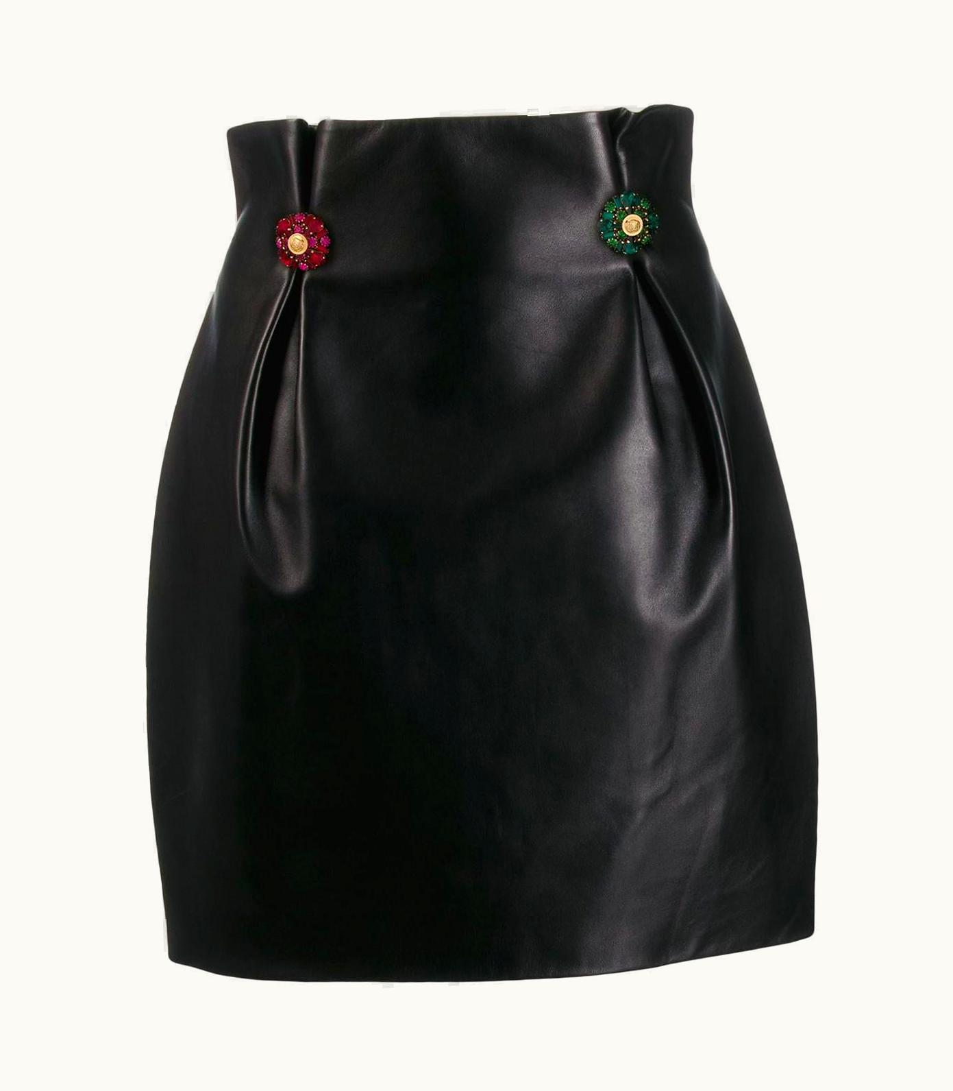 Versace Versace Runway Black Leather Crystal Embellished High Waisted Mini Skirt