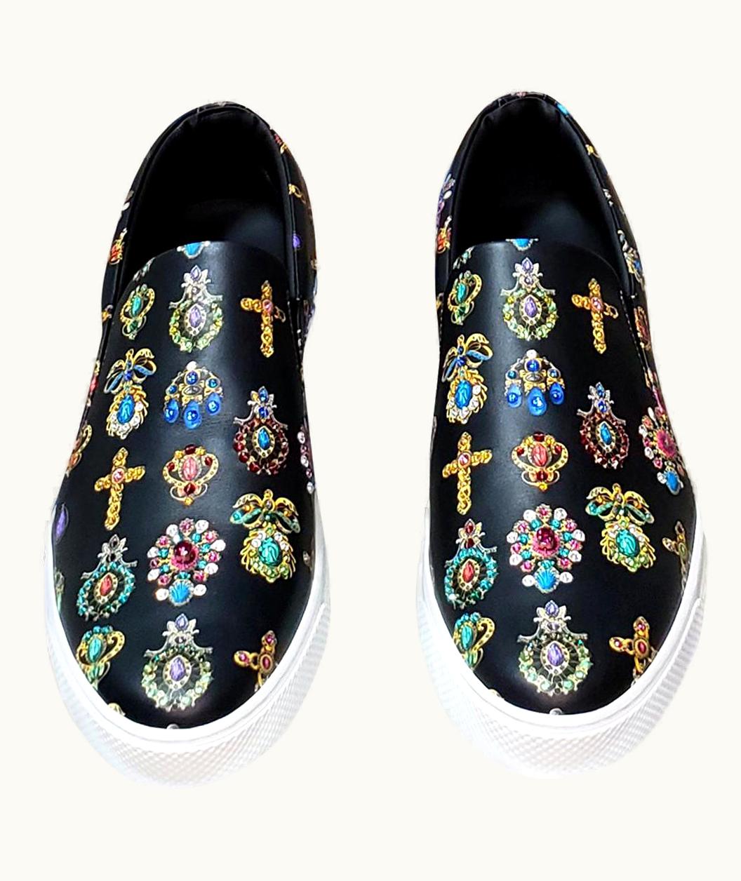 Versace Versace Black Jewelry Print Slip-on Sneakers Embellished w/RHINESTONES 7.5