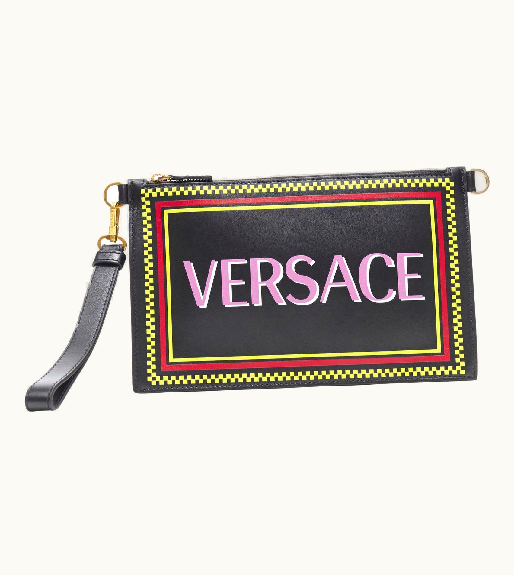 Versace Versace 90s Graphic Logo Black Calf Zip Pouch Crossbody Clutch Bag