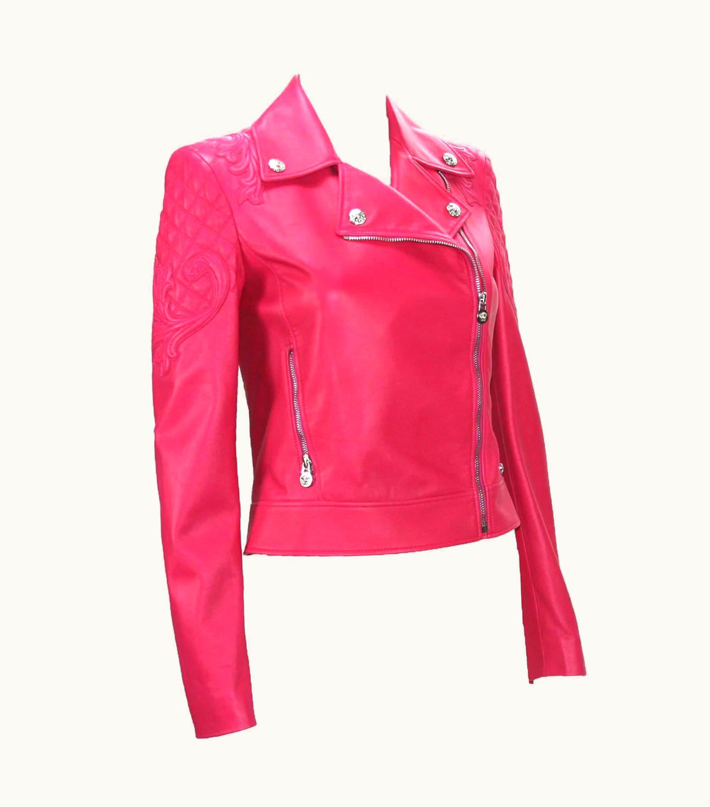 Versace $6, 495 Versace Hot Pink Quilted Leather Medusa Moto Jacket It UZ0577051