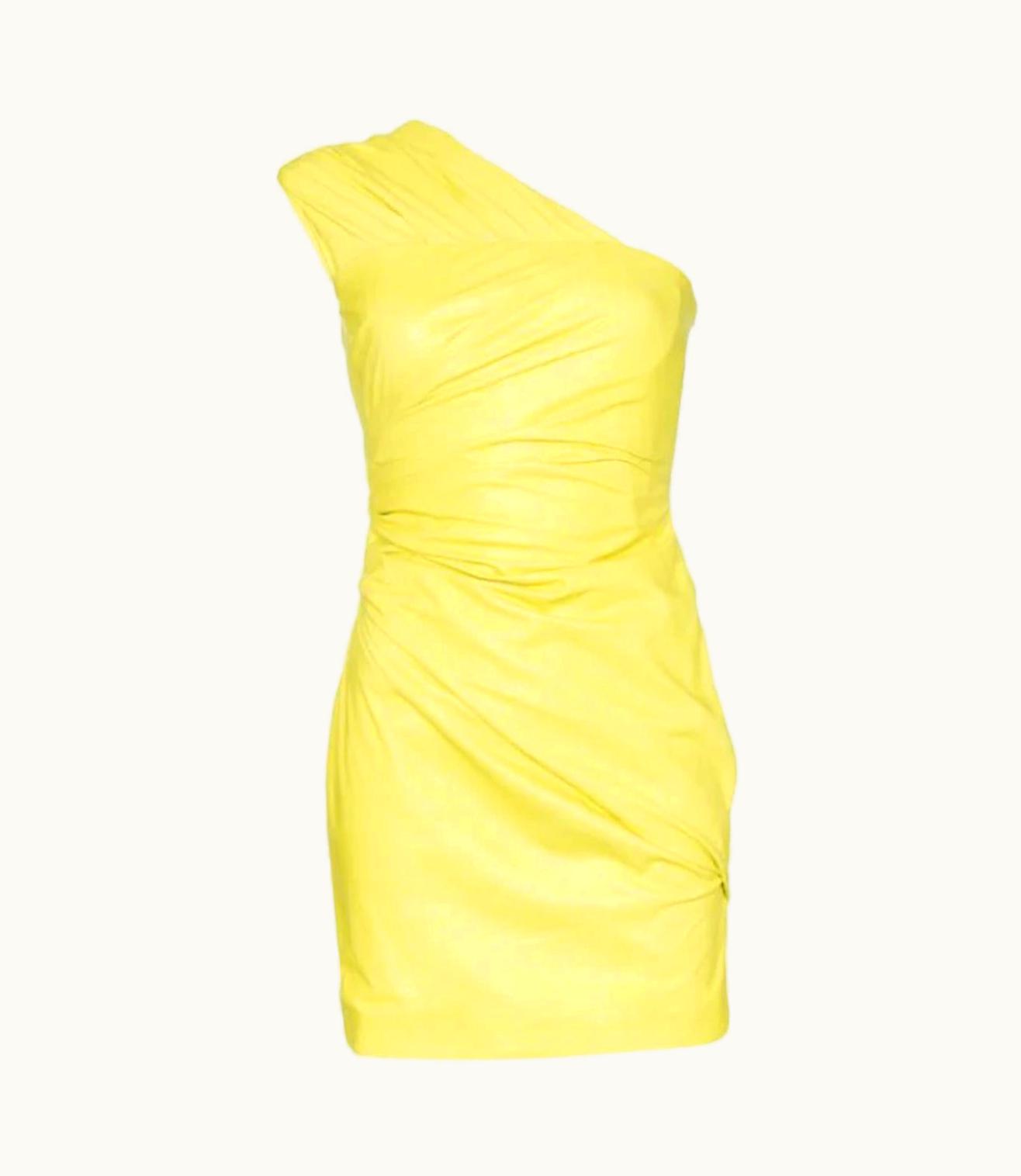 Versace Versace S/S Runway One-Shoulder Ruched Lime Leather Mini Dress UZ0577055