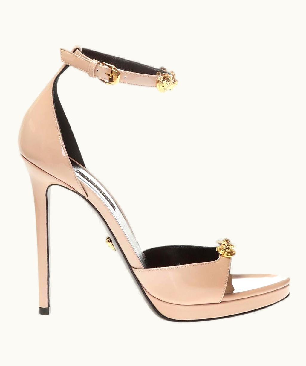 Versace Versace Nude Patent Leather Gold-Tone Medusa Medallion Studded Sandal
