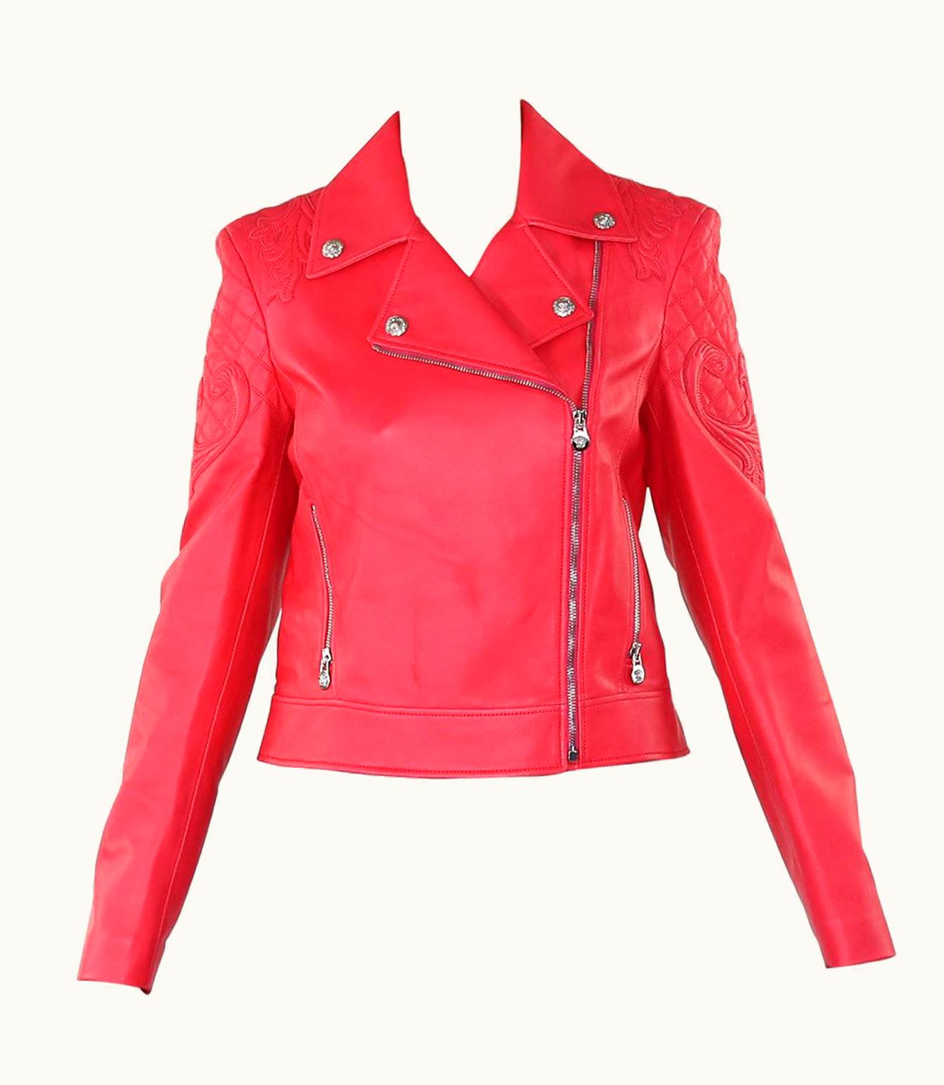 Versace Versace Vanitas Barocco Embroidered Pink Leather Moto Biker Jacket