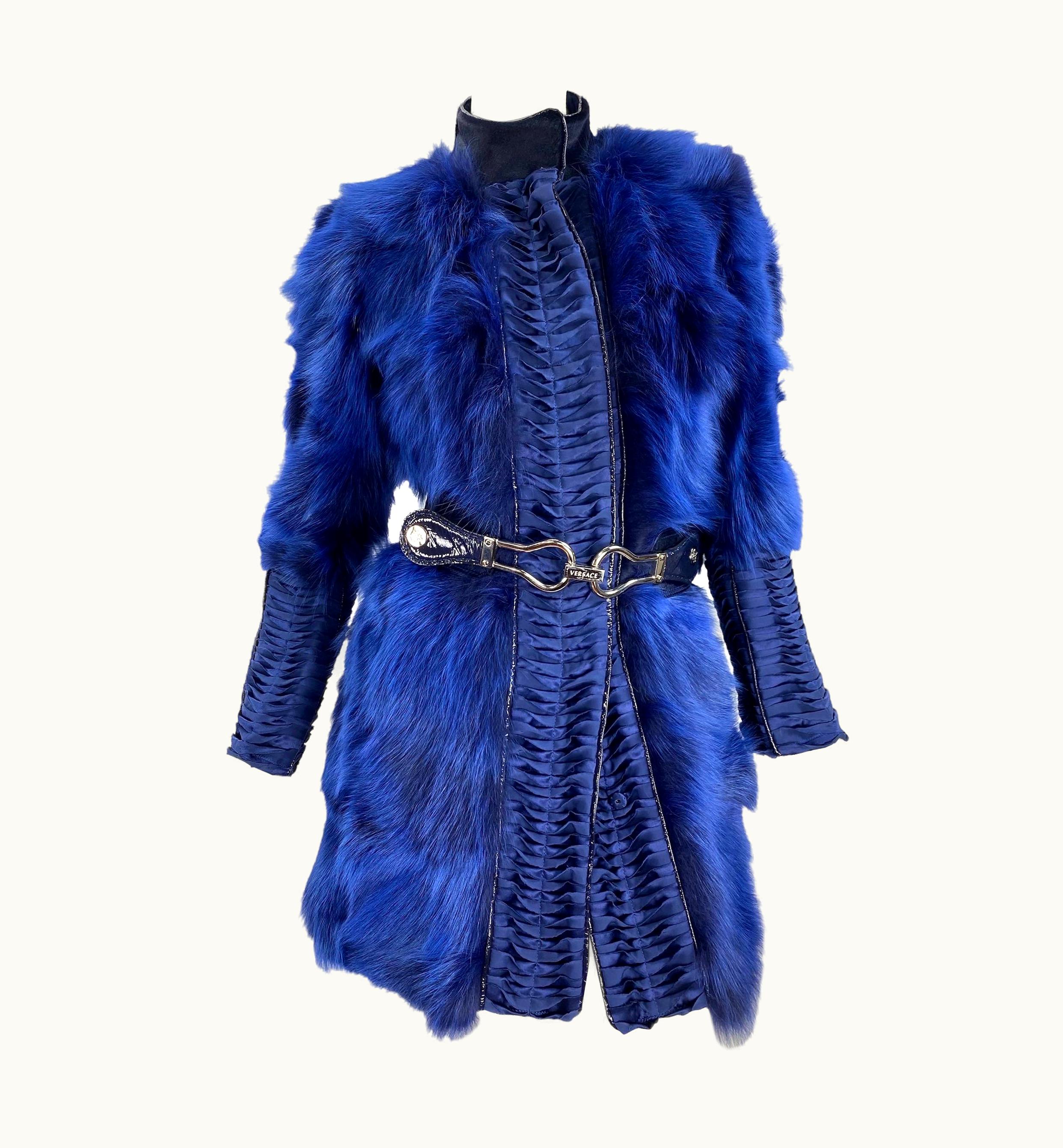 Versace Versace Runway Blue Fox Fur Silk Coat Jacket With Belt Italian