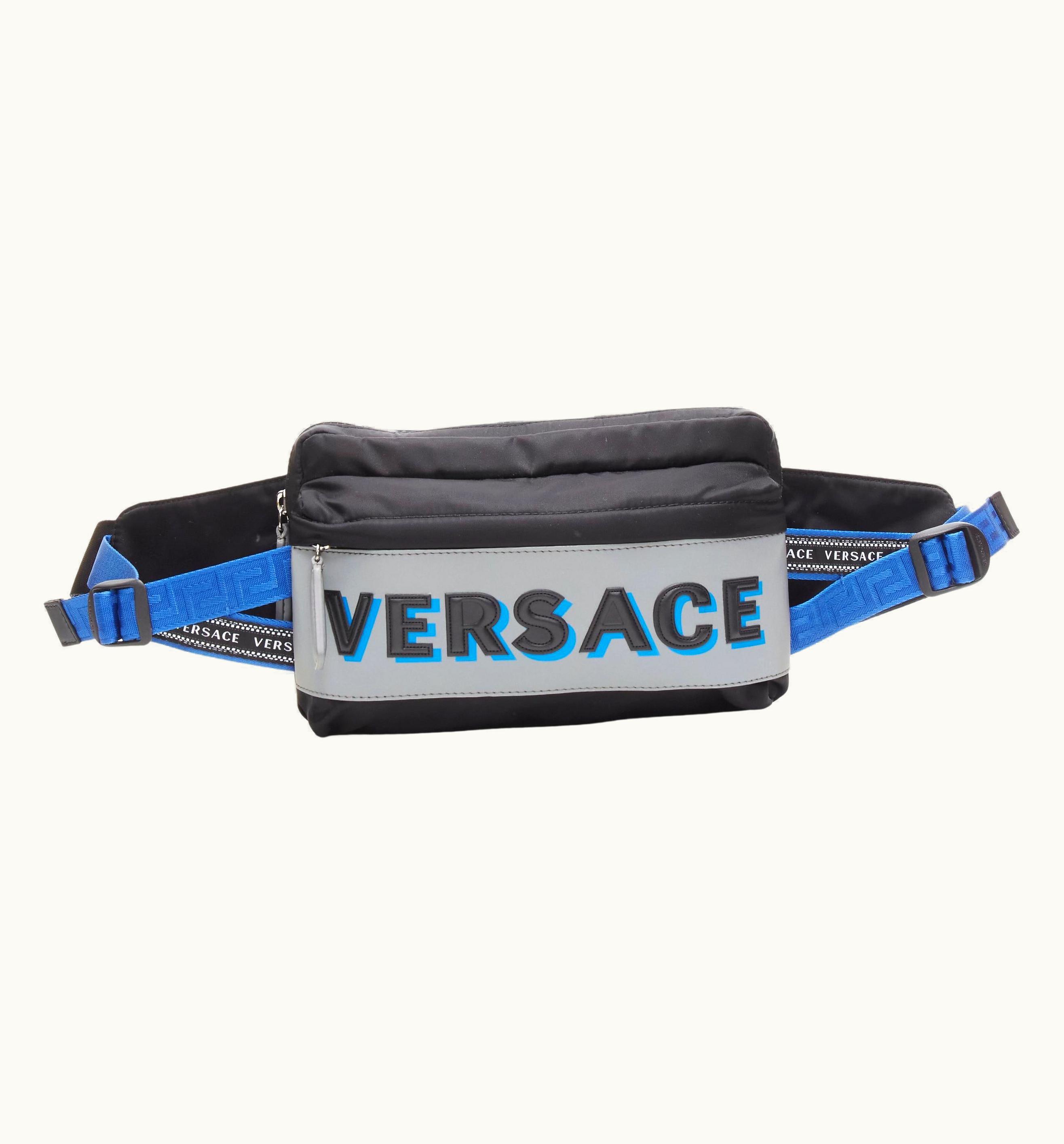 Versace Versace Reflective Logo Black Nylon Greca Strap Crossbody Belt Waist Bag