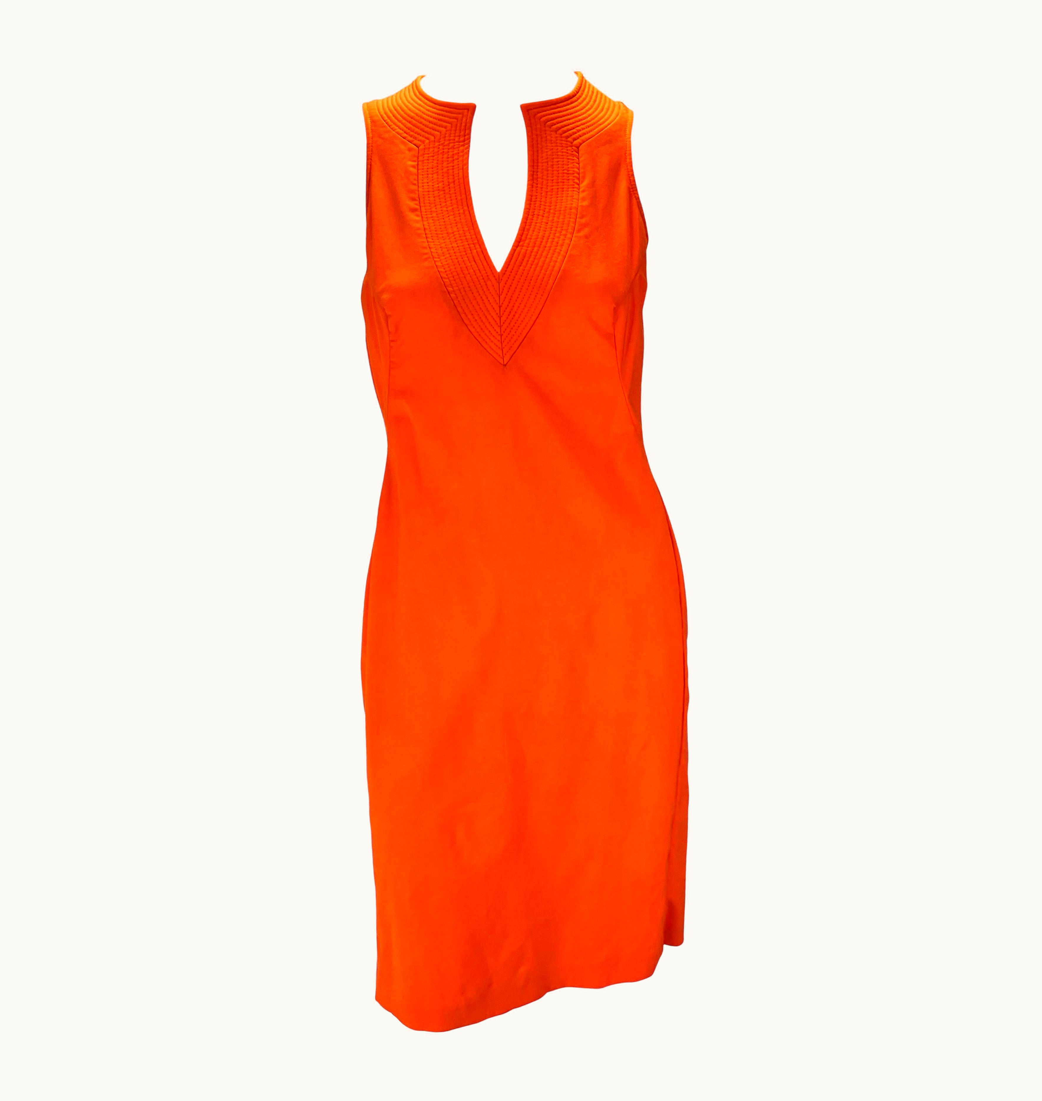 Versace Early 2000s Versace By Donatella Neon Orange Wool Blend Sleeveless Dress