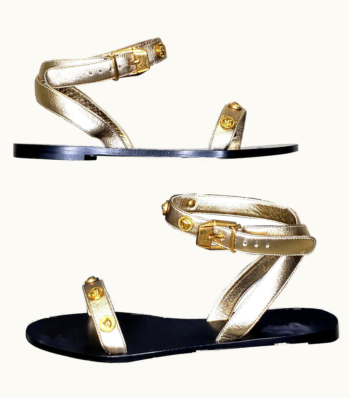 Versace Versace Gold Leather Flat Sandals With Gold Medusa Studs 36.5, 37.5