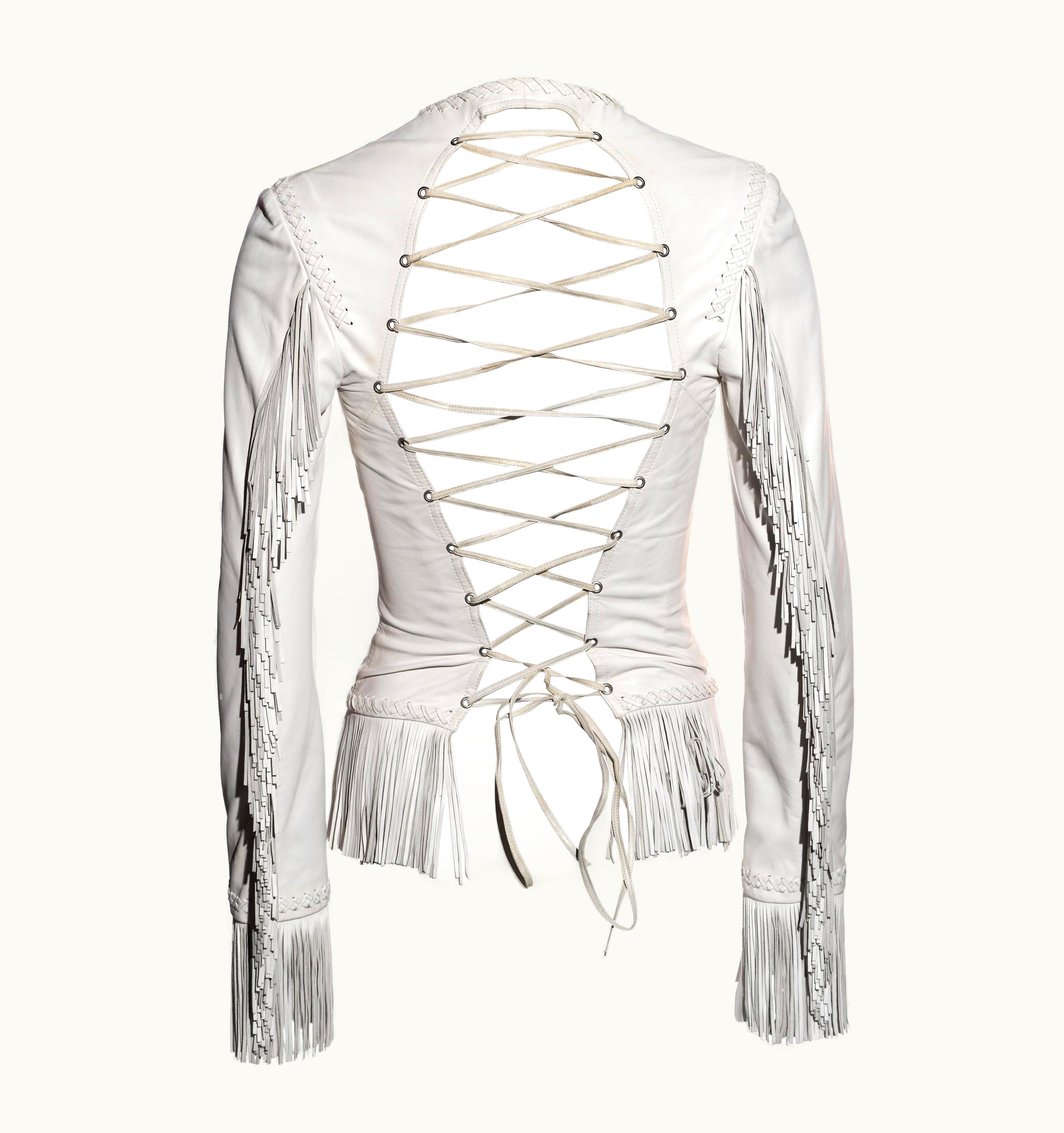 Gianni Versace Couture Gianni Versace White Leather Backless Lace Up Fringed Jacket, S/S 2002