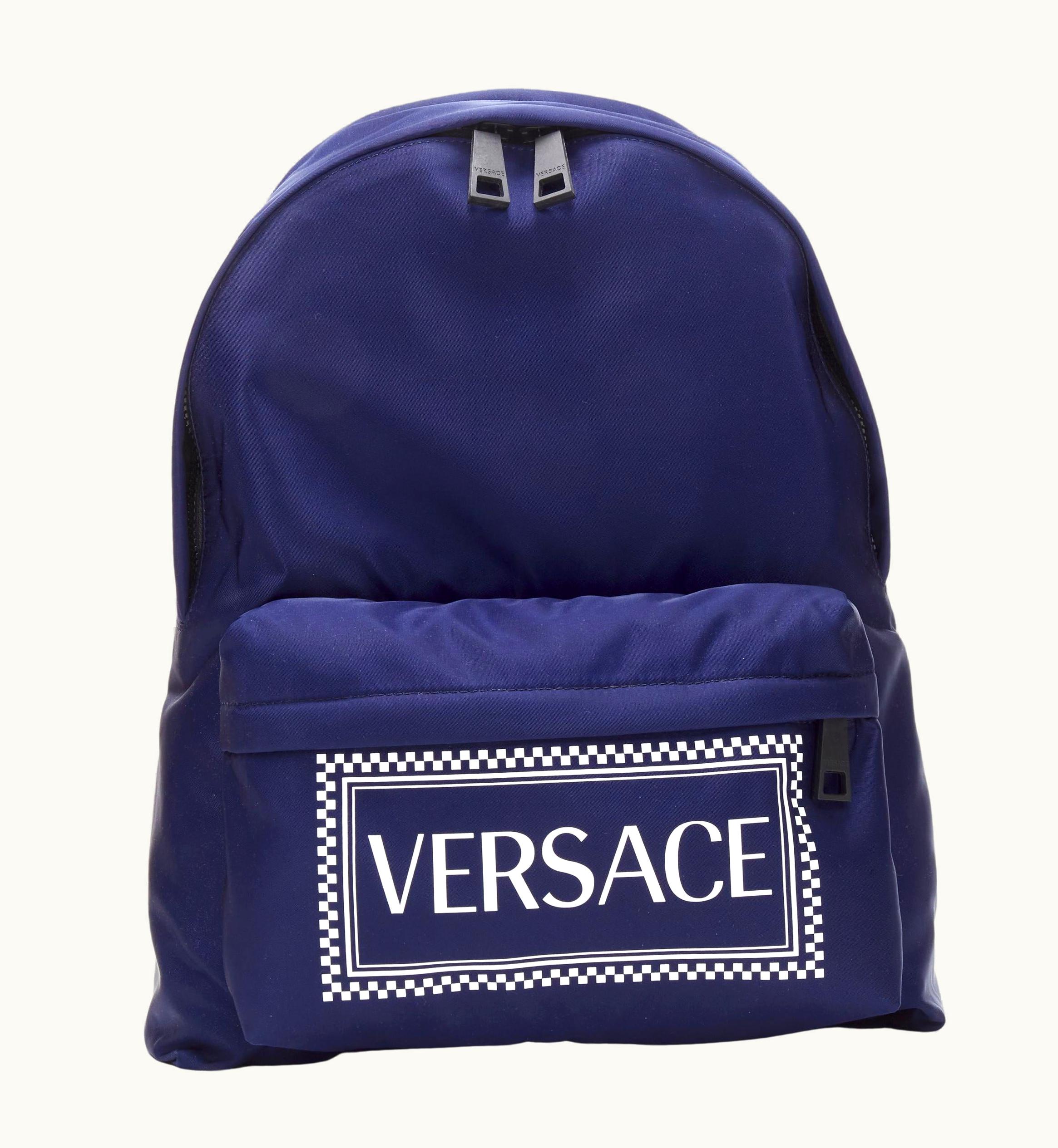 Versace Versace 90' Box Logo Navy Blue Nylon Greca Strap Backpack
