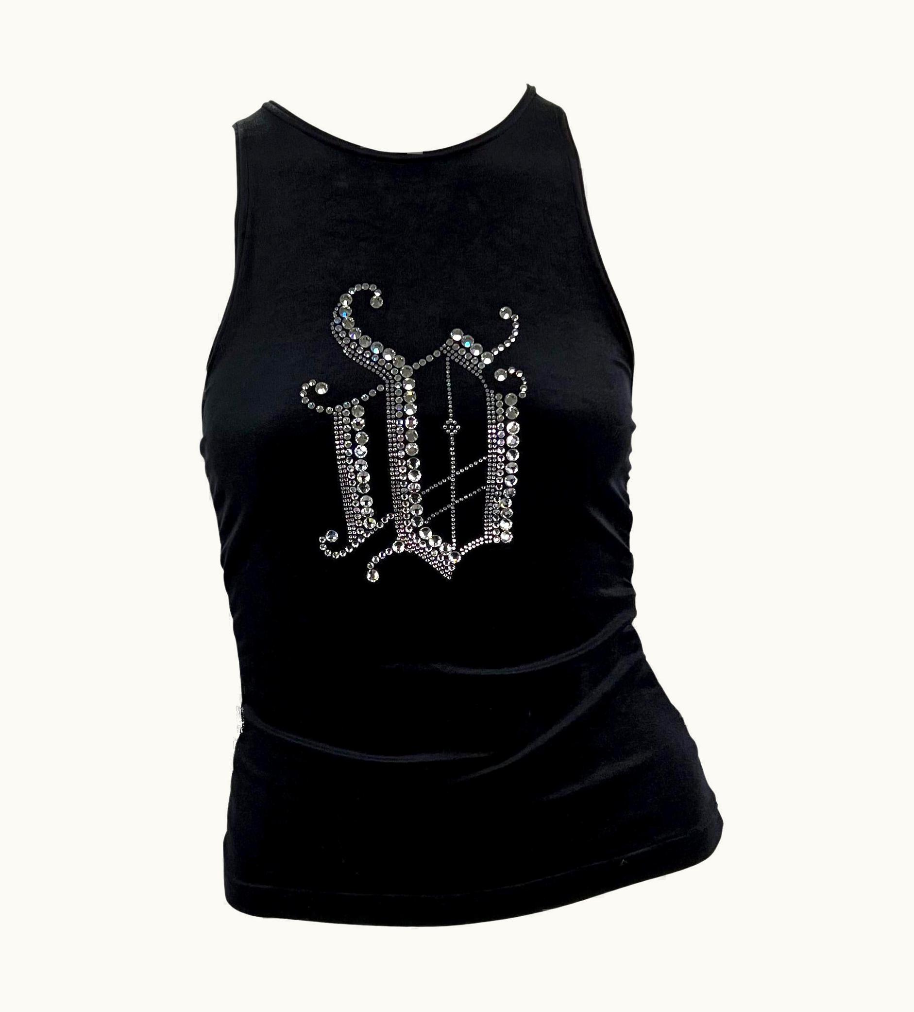 Versace 2000s Versace By Donatella Rhinestone Monogram Logo Black Velvet Stretch Tank