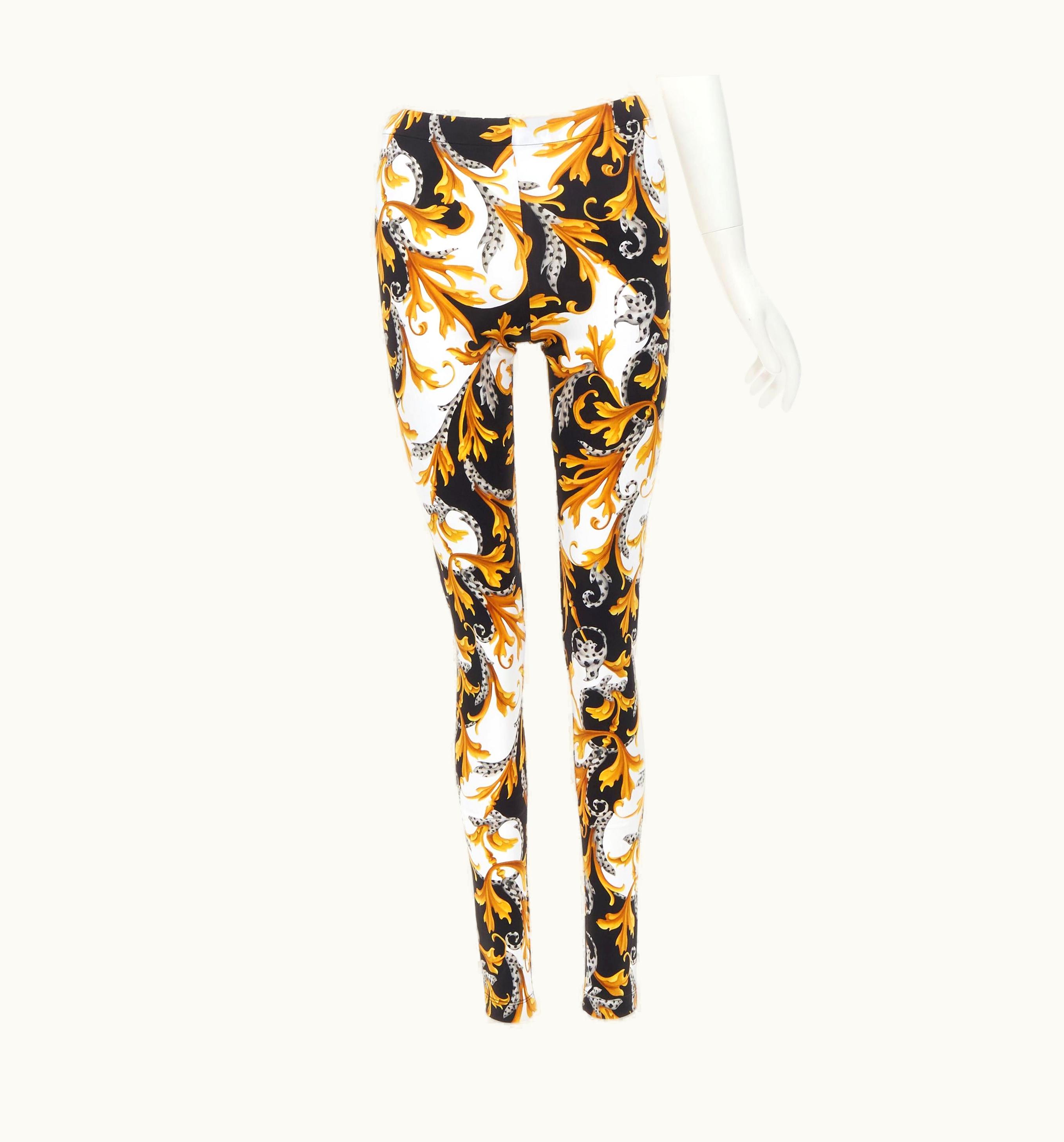 Versace Versace Barocco Acanthus Black Gold Floral Print Stretchy Leggings UZ0577091