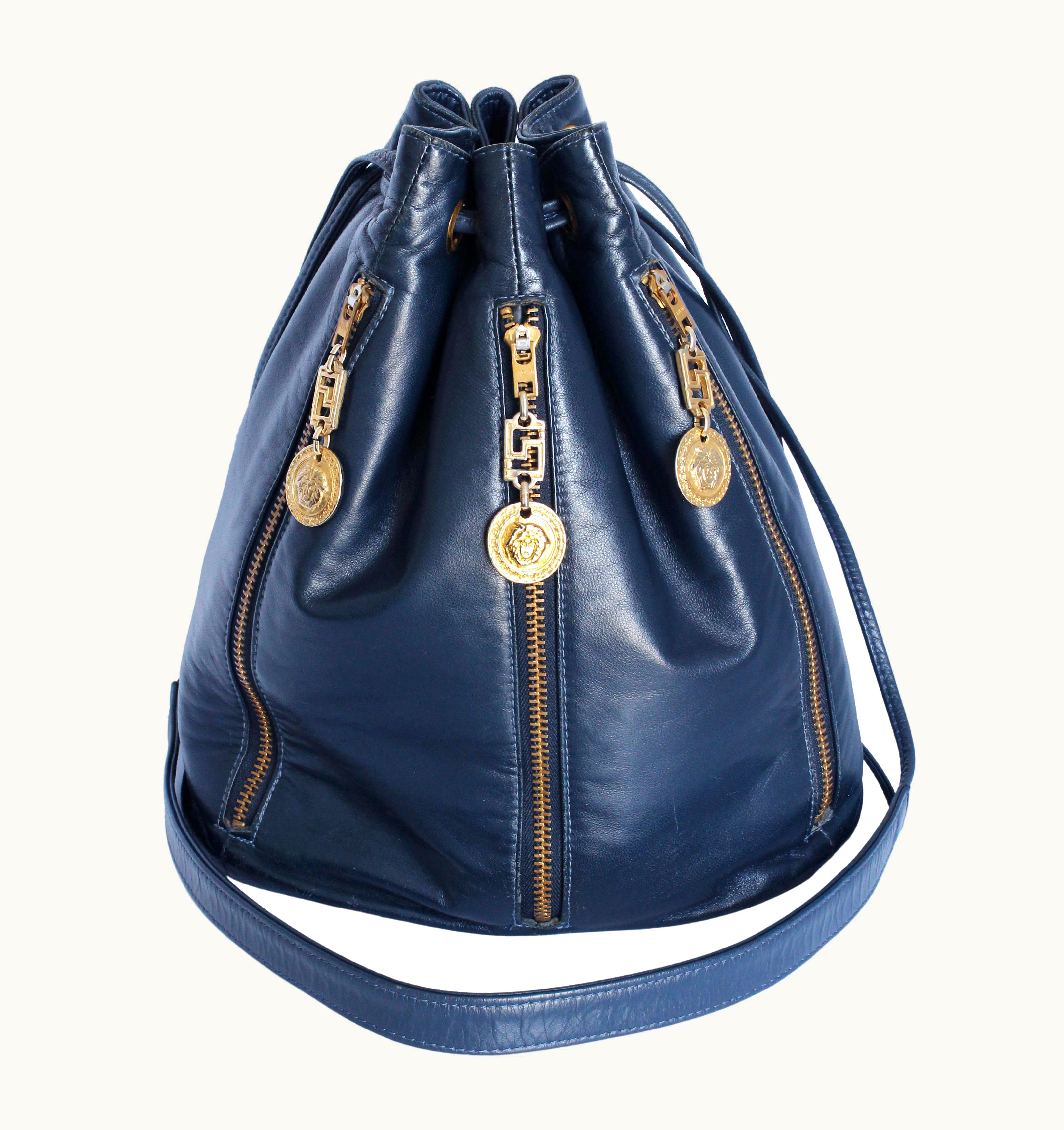 Versace Vintage Versace Bucket Bag Navy Leather Gold Medusa Medallions Zippers With Coa