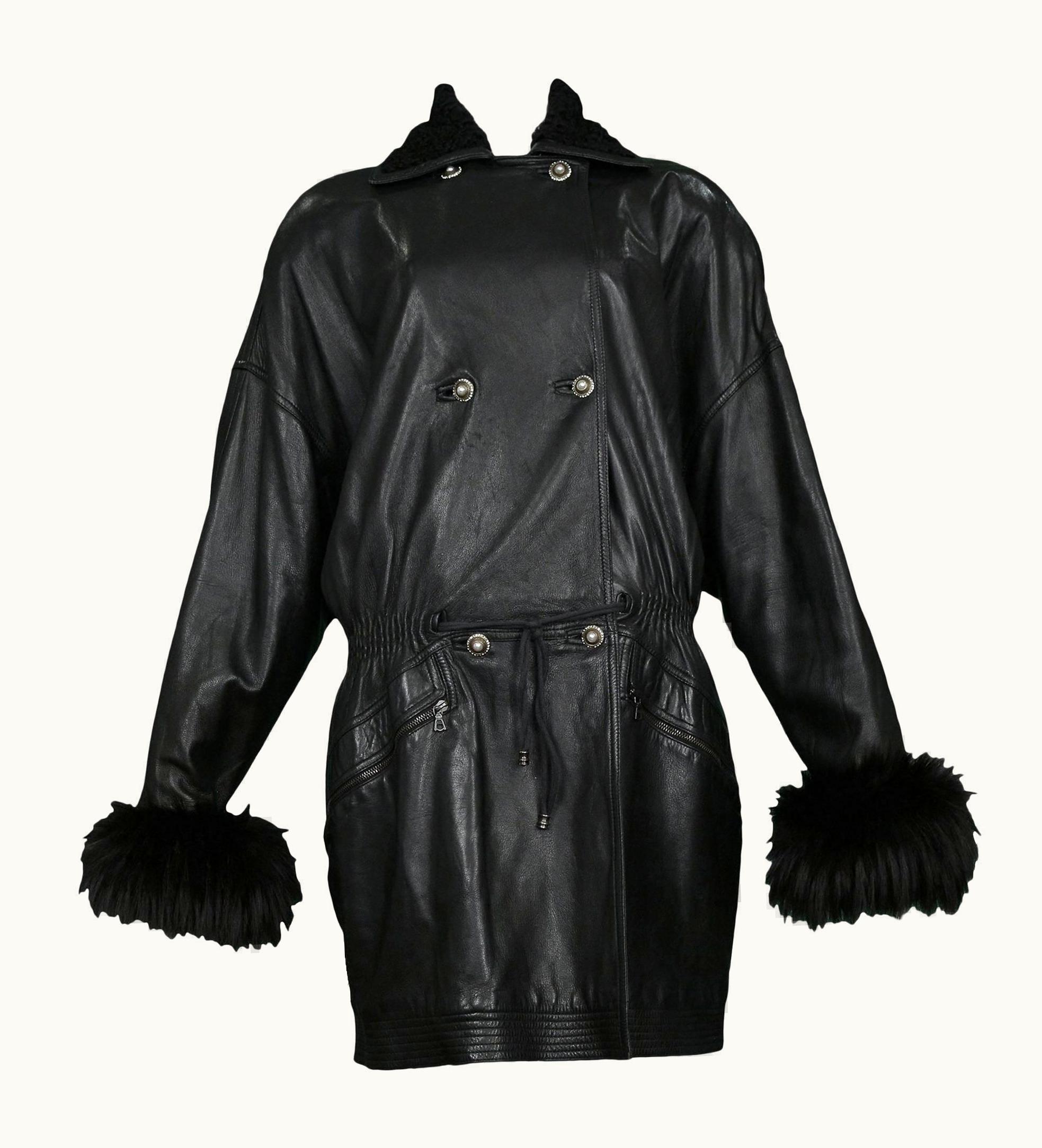 Gianni Versace Couture Vintage Gianni Versace Black Leather Parka Coat With Fur Cuffs & Collar