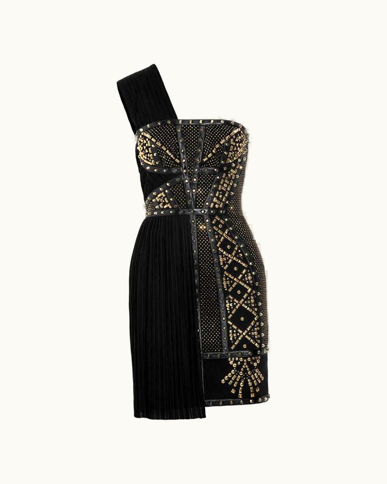 Versace Versace Black Leather-trimmed Studded Plissé And Scuba-jersey Dress
