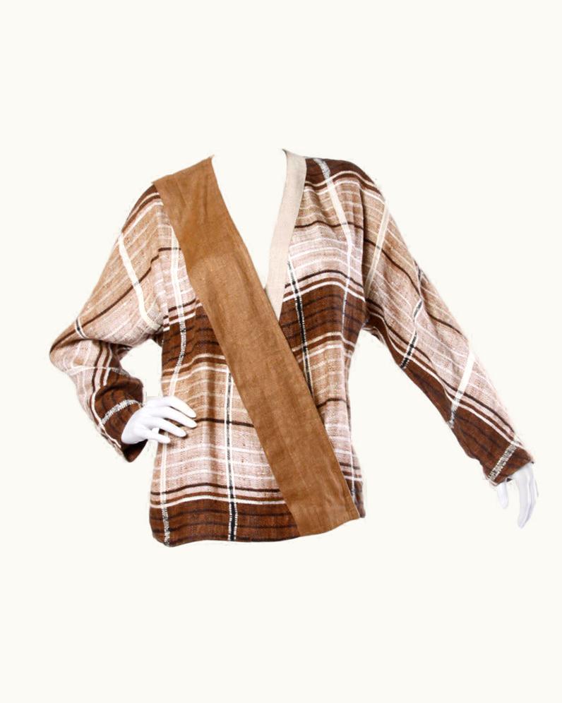 Gianni Versace Couture Gianni Versace Vintage 1980s Brown Plaid LinenS/S Cotton Asymmetric Blazer Jacket