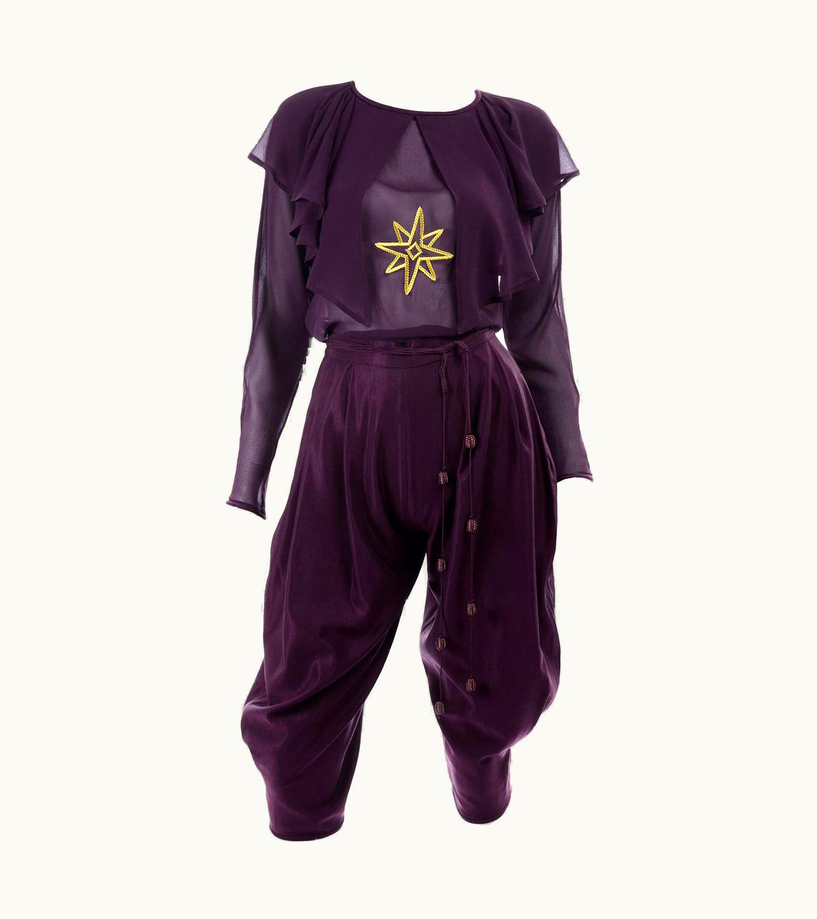 Gianni Versace Couture 1981 Gianni Versace Vintage Purple Silk & Wool Jodhpurs & Star Chiffon Top