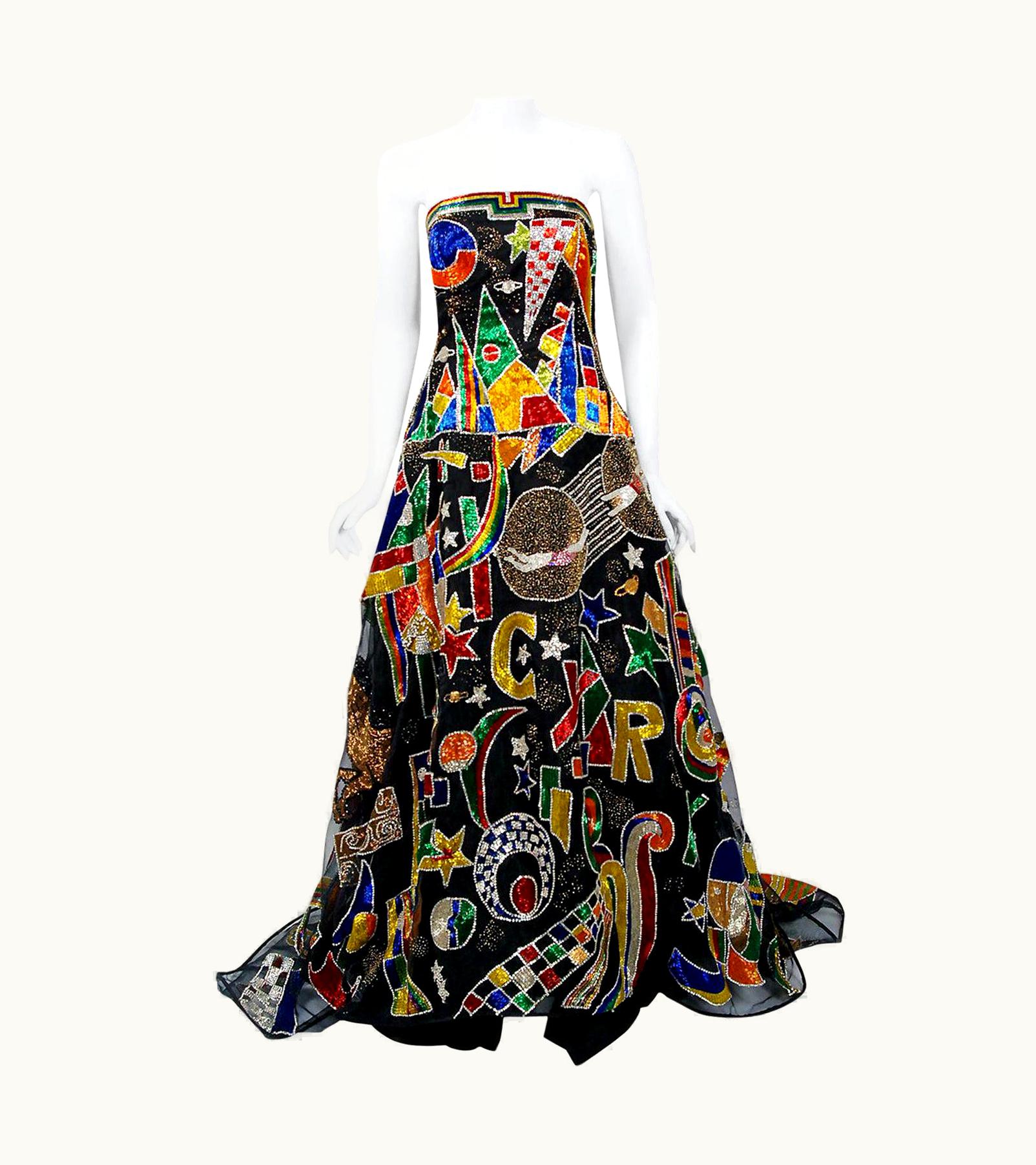 Gianni Versace Couture Vintage 1989 Gianni Versace Haute Couture Beaded Circus Novelty Gown And Shawl