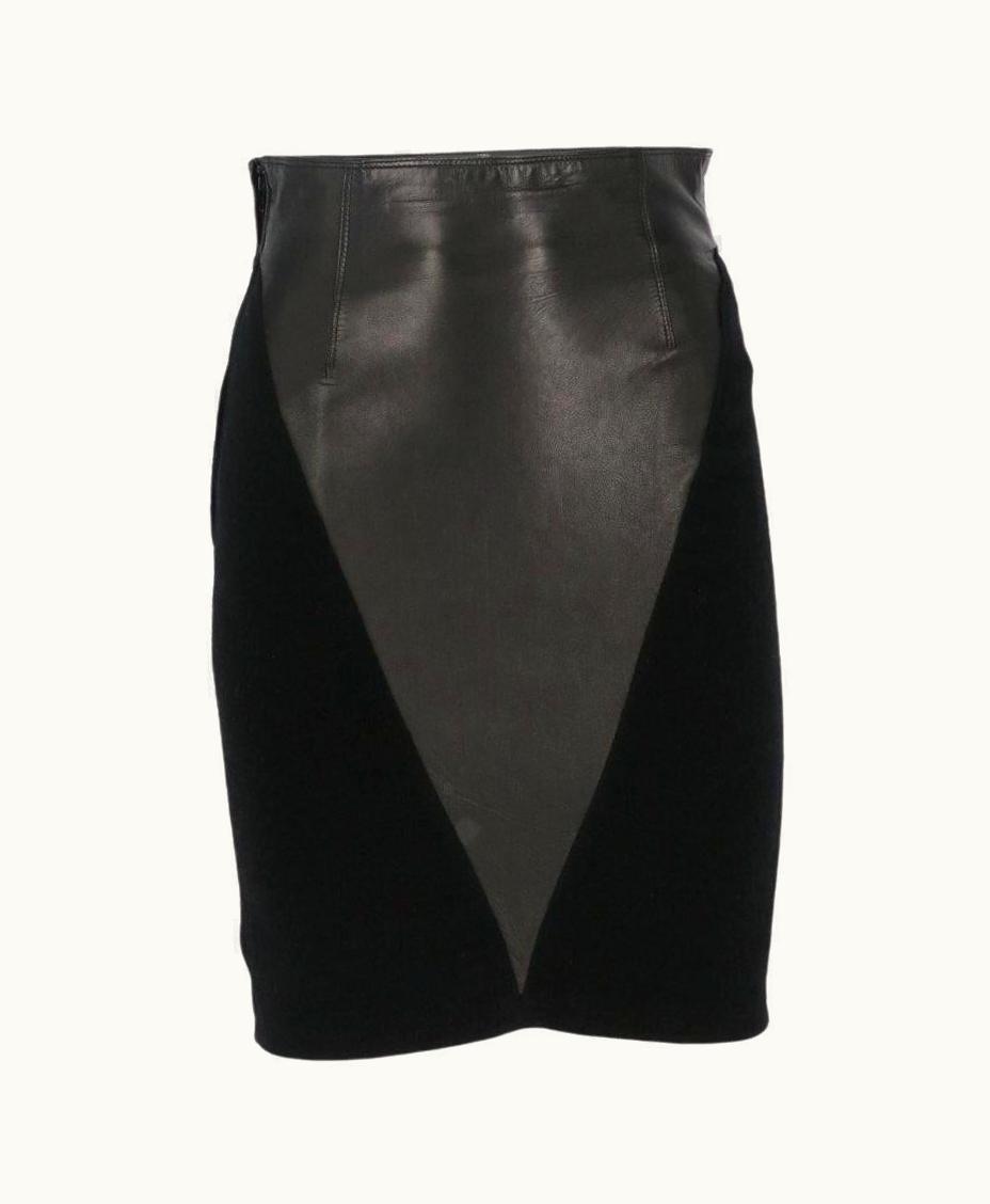 Gianni Versace Couture 80s Gianni Versace Vintage Black Leather Skirt With Wool Inserts